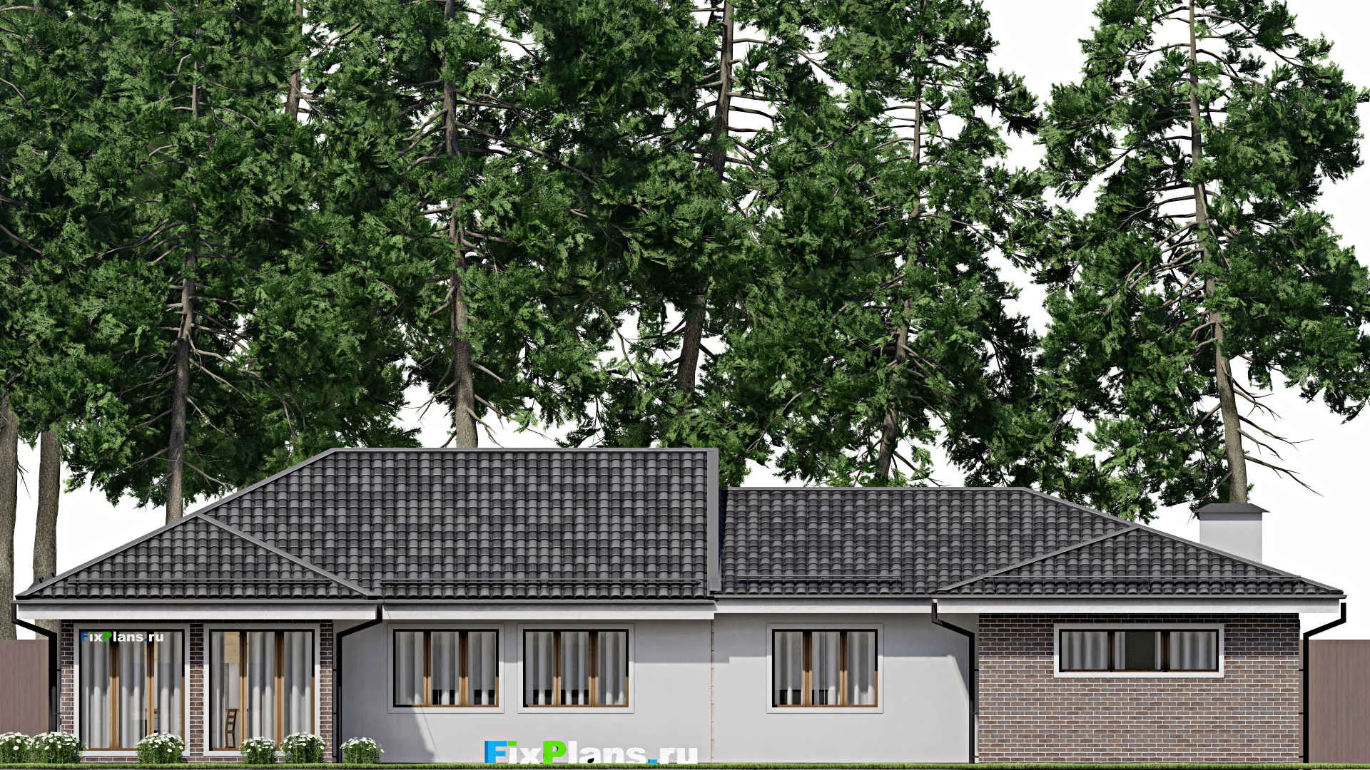 F-8477 - План одноэтажного дома 15 на 23, площадью 230 м² с террасой, гаражом на 2 машины и 3 спальнями