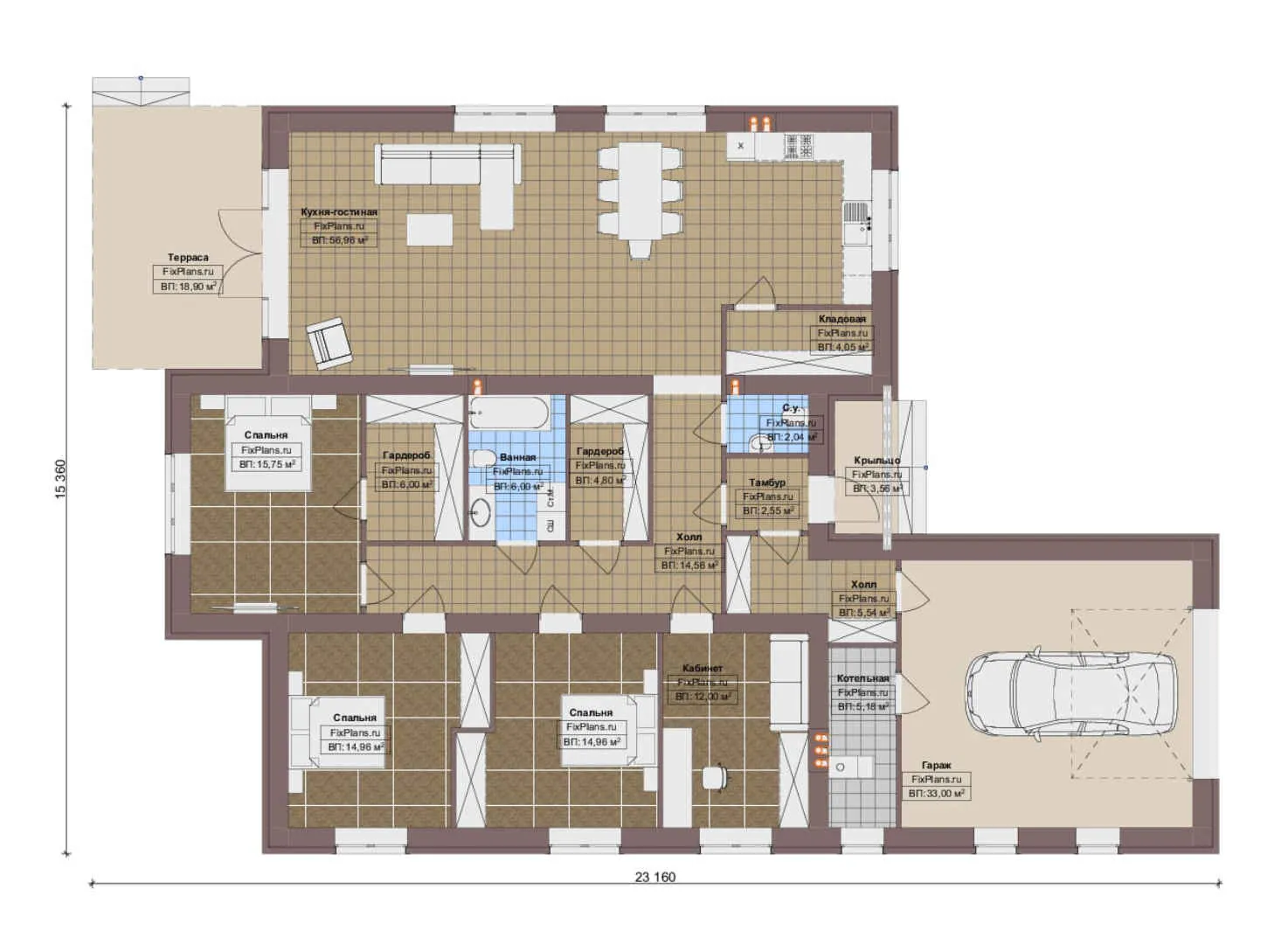F-20132 - План одноэтажного дома 16 на 24, площадью 230 м² с террасой, гаражом на 1 машину и 3 спальнями