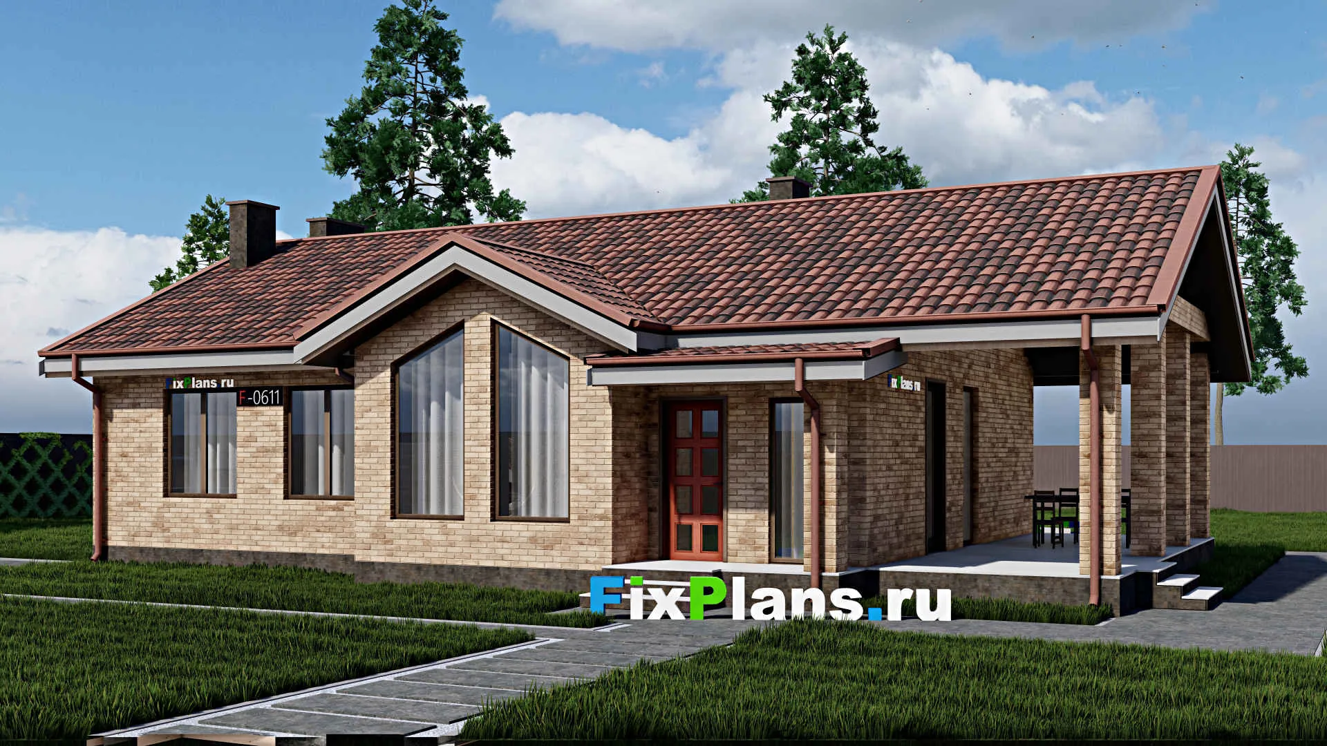 F-0611 - Проект одноэтажного дома 10 на 13, площадью 130 м² с террасой и 3 спальнями