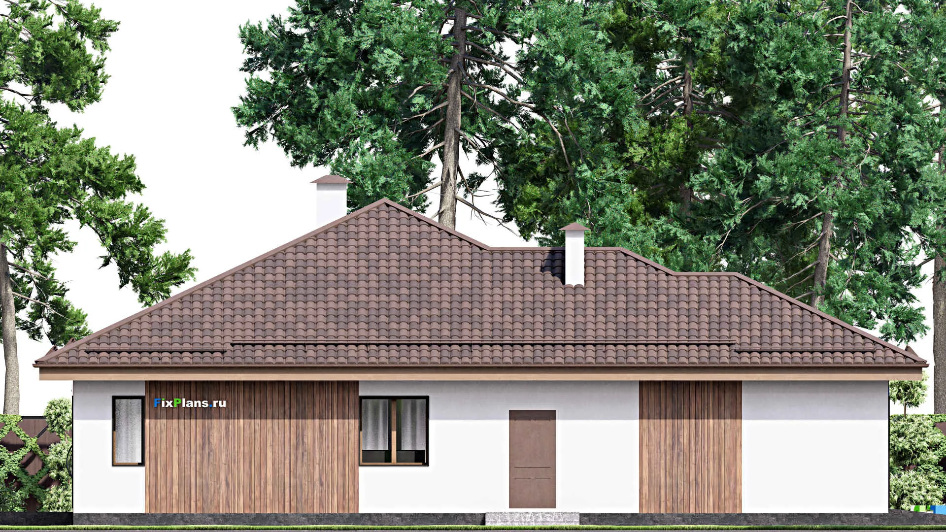 F-16964 - План одноэтажного дома 16 на 20, площадью 210 м² с террасой, гаражом на 1 машину и 3 спальнями