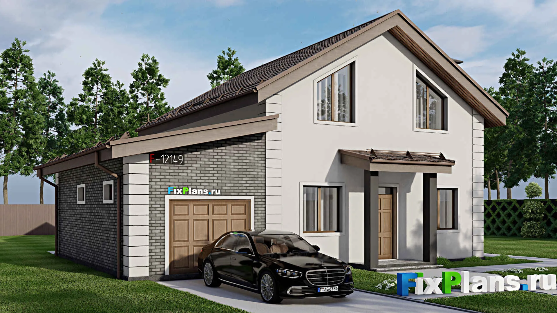 F-12149 - Проект дома с мансардой 12 на 13, площадью 160 м² с террасой, гаражом на 1 машину и 4 спальнями