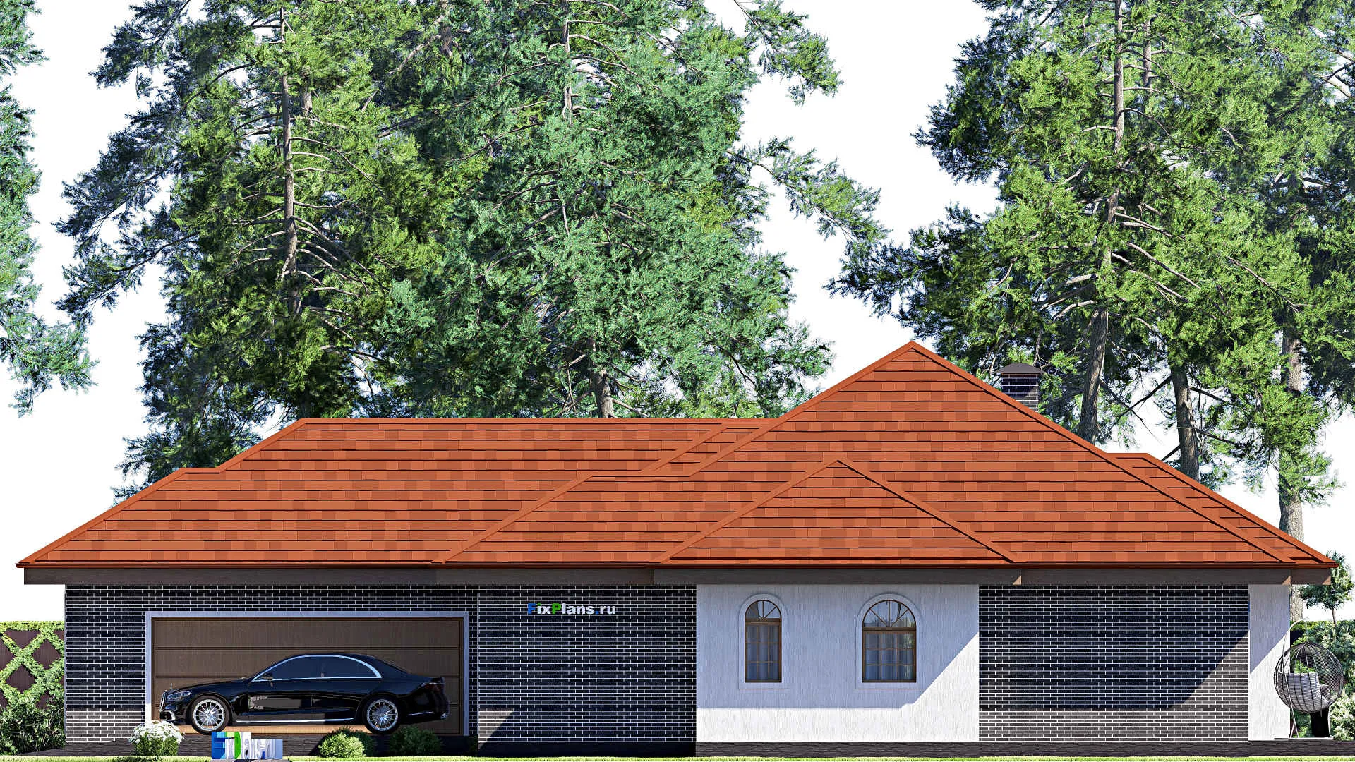 F-17306 - План одноэтажного дома 22 на 24, площадью 270 м² с террасой, гаражом на 2 машины и 4 спальнями