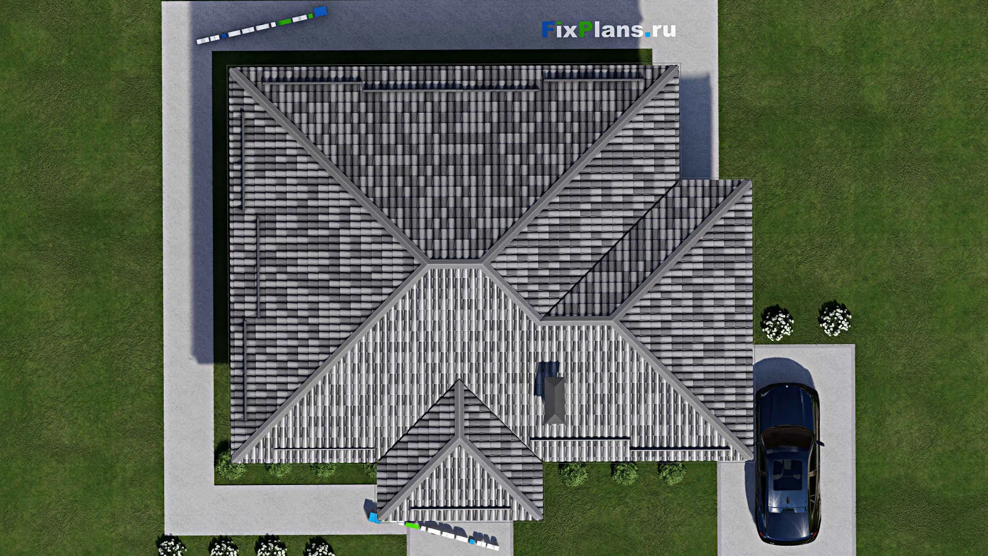 F-7739 - План одноэтажного дома 11 на 12, площадью 120 м² с террасой и 3 спальнями