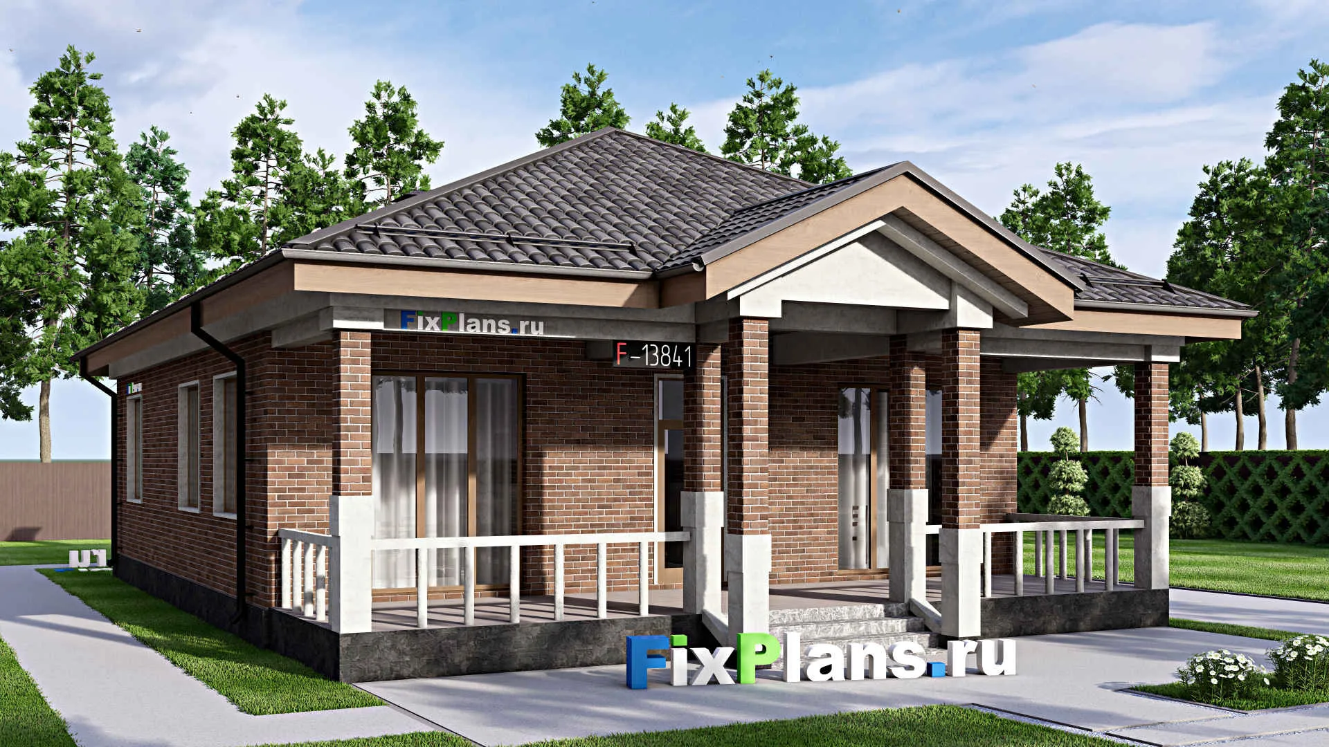 F-13841 - Проект одноэтажного дома 12 на 16, площадью 140 м² с террасой и 3 спальнями