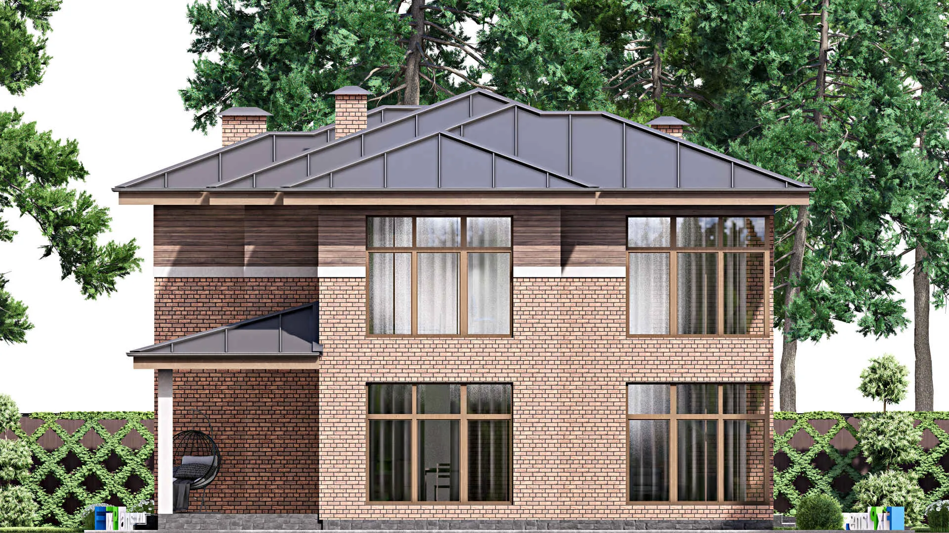 F-16991 - Планы двухэтажного дома 13 на 24, площадью 300 м² с террасой, гаражом на 2 машины и 3 спальнями