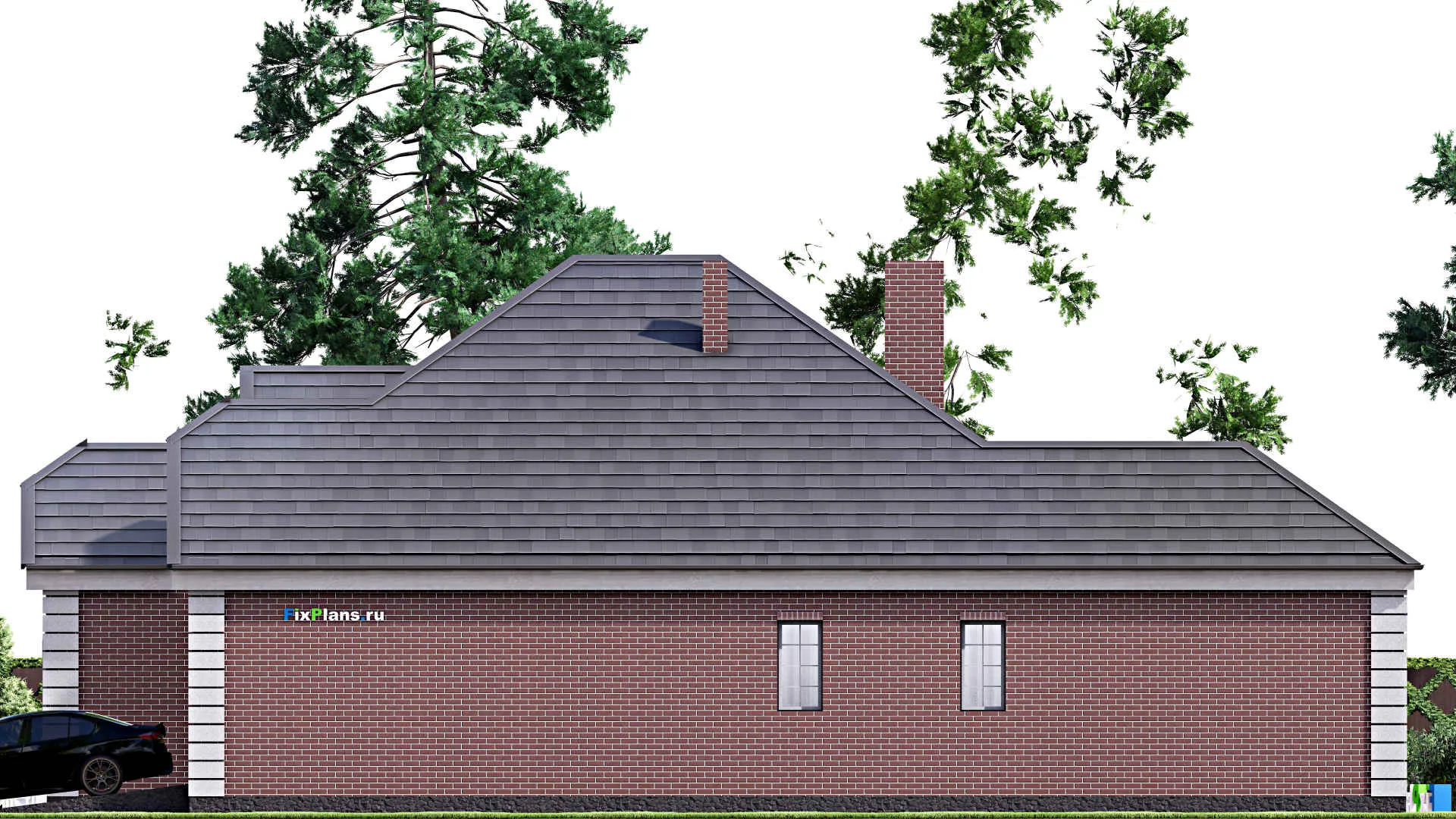 F-16883 - Проект одноэтажного дома 13 на 21, площадью 210 м² с террасой, гаражом на 2 машины и 3 спальнями