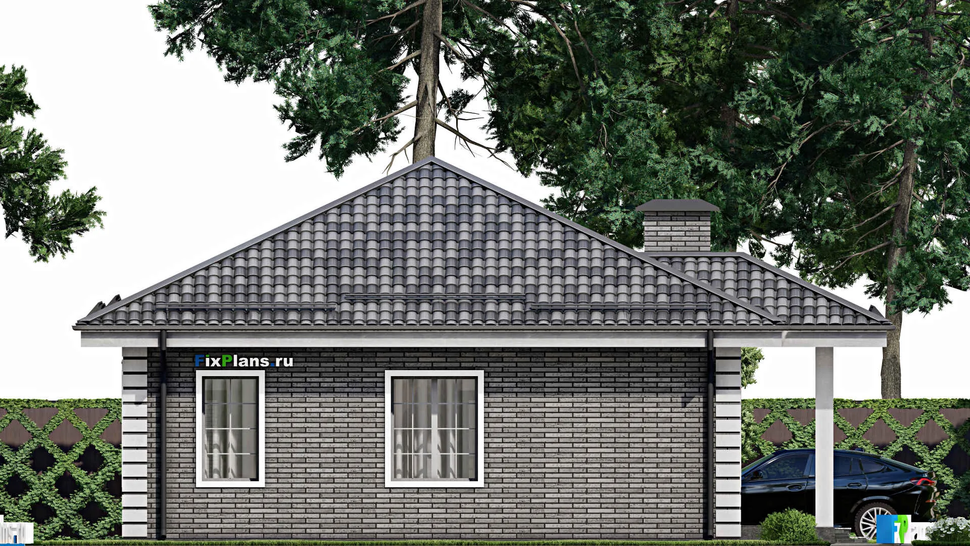 F-7739 - План одноэтажного дома 11 на 12, площадью 120 м² с террасой и 3 спальнями