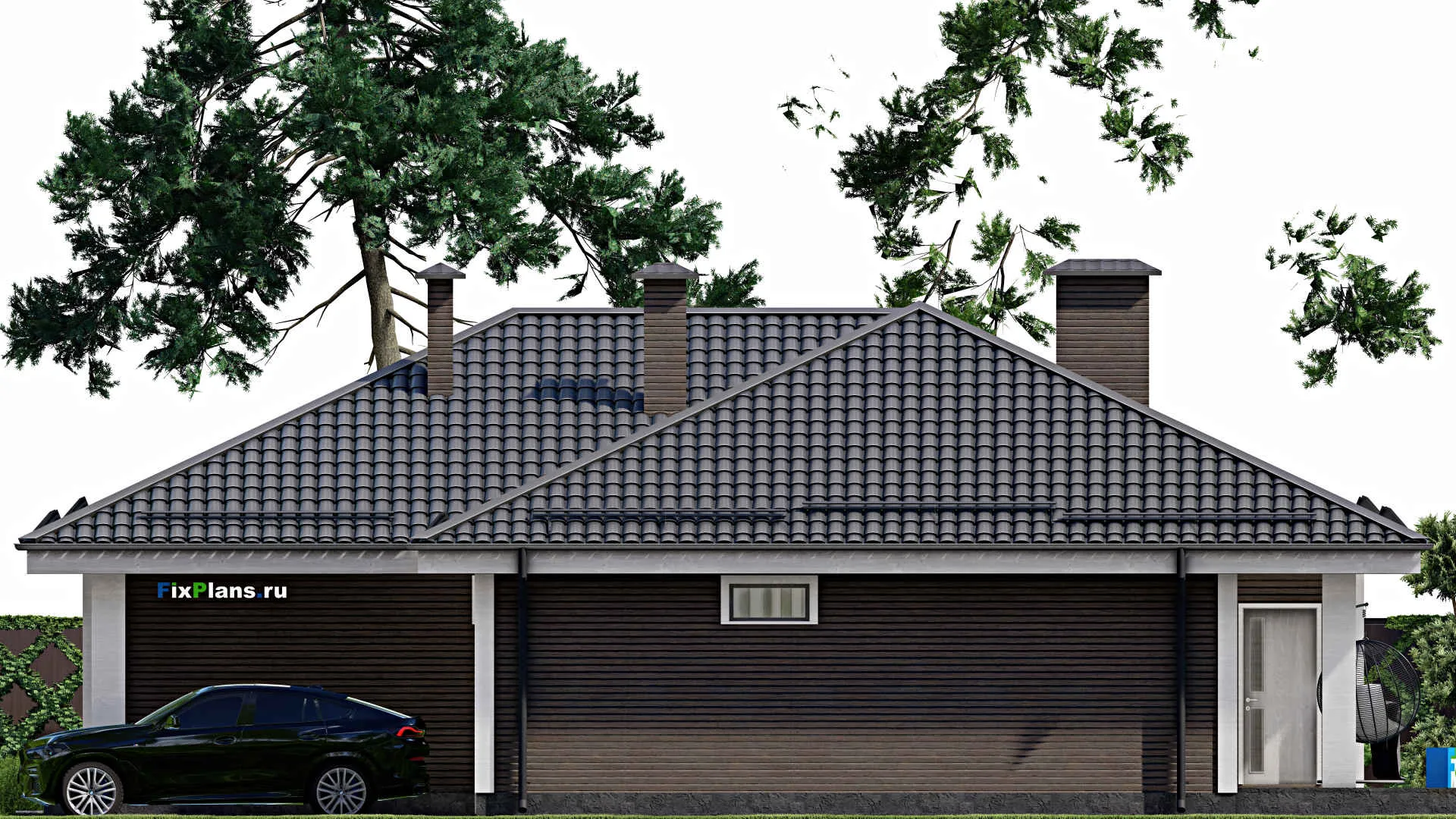 F-9665 - План одноэтажного дома 18 на 19, площадью 240 м² с террасой, гаражом на 1 машину и 3 спальнями