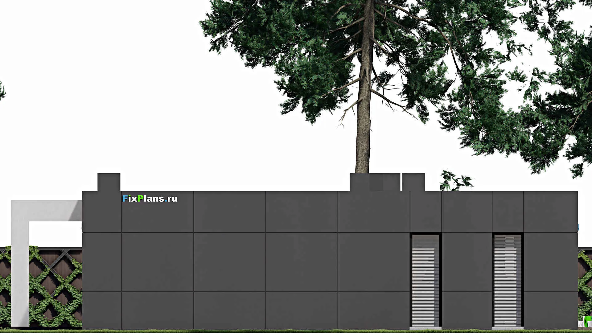 F-1079 - Проект одноэтажного дома 14 на 19, площадью 220 м² с террасой, гаражом на 1 машину и 3 спальнями