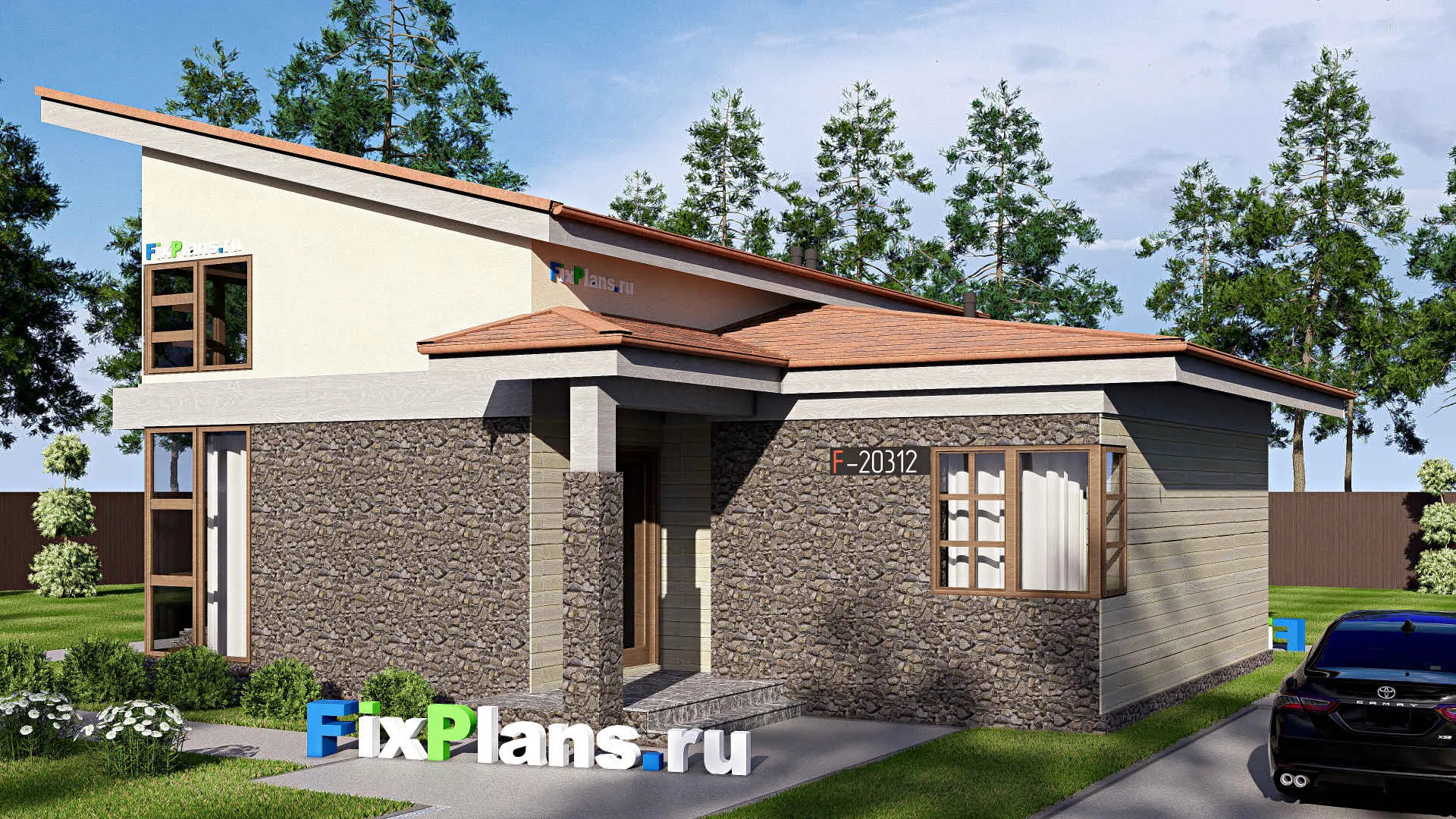 F-20312 - Проект одноэтажного дома 12 на 15, площадью 90 м² с террасой и 1 спальнями