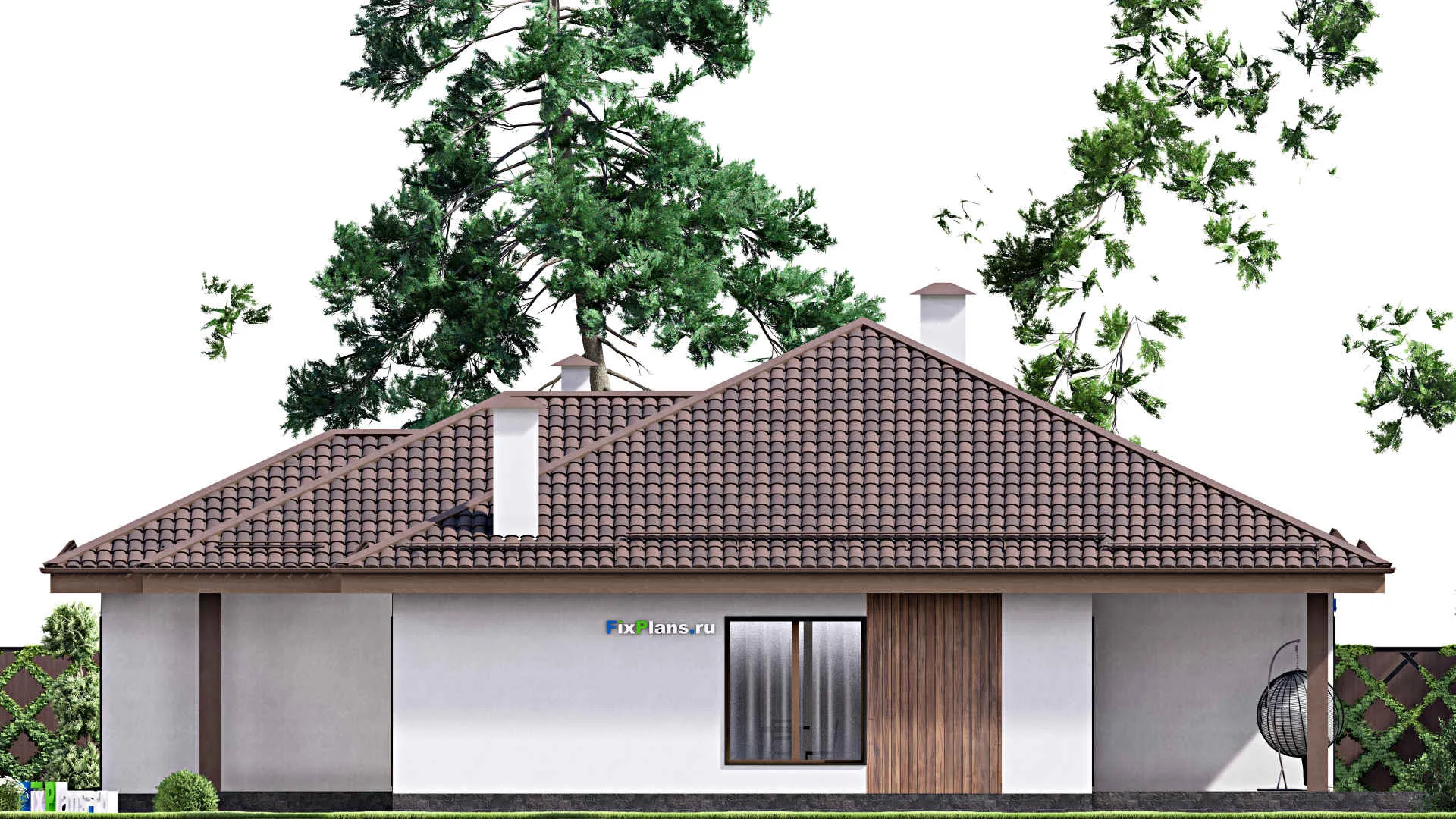 F-16964 - План одноэтажного дома 16 на 20, площадью 210 м² с террасой, гаражом на 1 машину и 3 спальнями