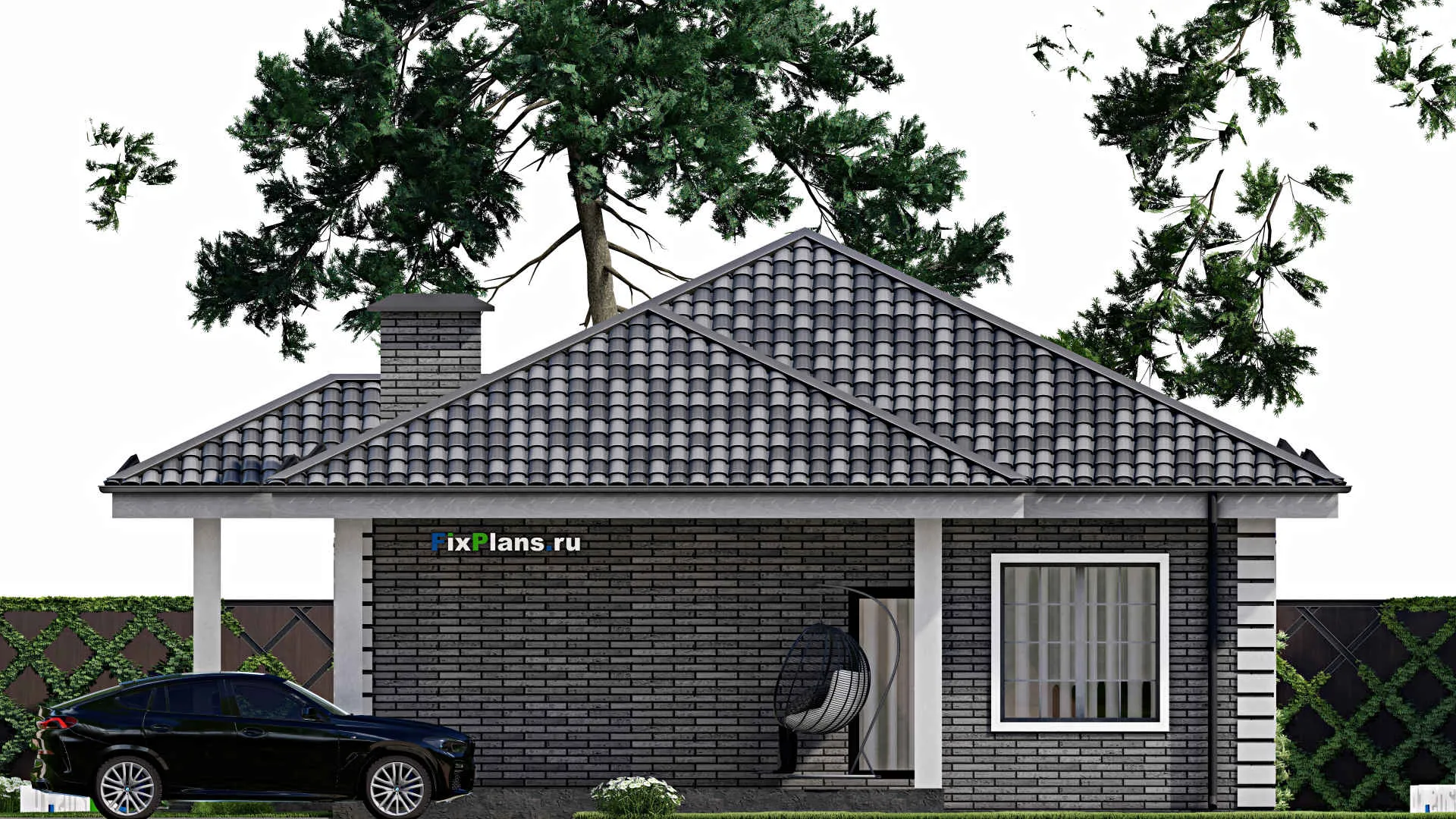 F-7739 - План одноэтажного дома 11 на 12, площадью 120 м² с террасой и 3 спальнями