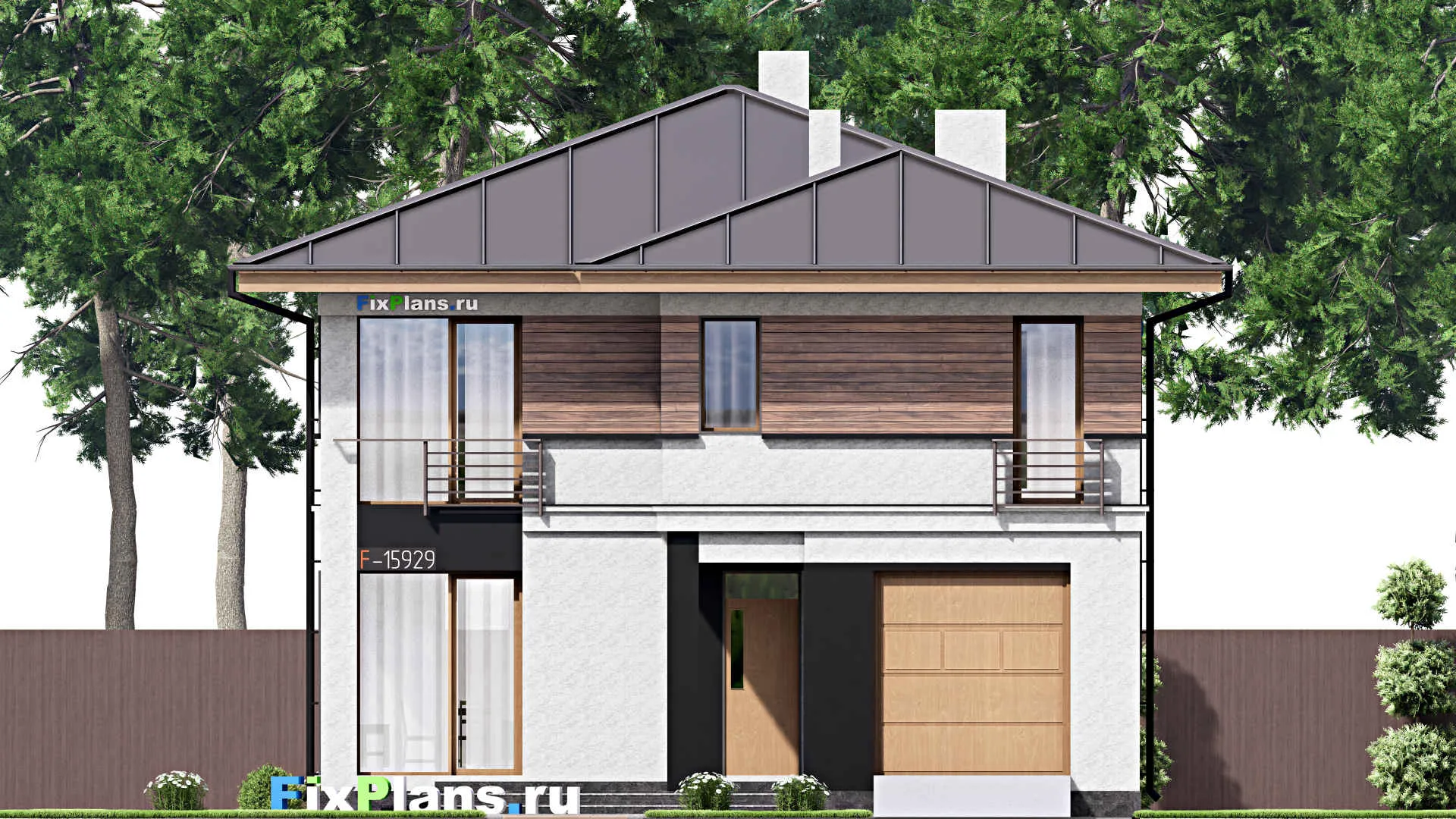 F-15929 - Проект двухэтажного дома 11 на 16, площадью 210 м² с террасой, гаражом на 1 машину и 3 спальнями