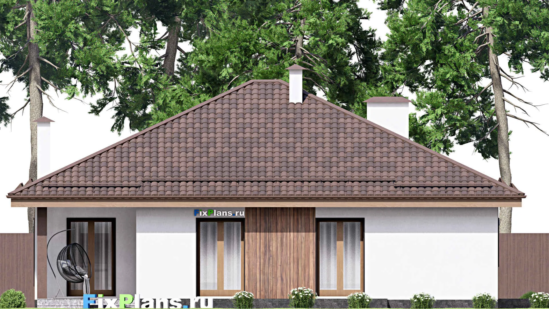 F-16964 - План одноэтажного дома 16 на 20, площадью 210 м² с террасой, гаражом на 1 машину и 3 спальнями