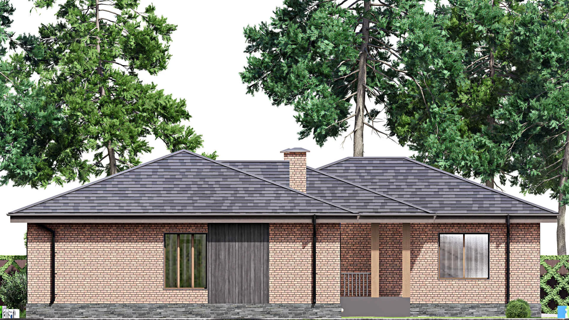 F-12806 - Проект одноэтажного дома 20 на 23, площадью 260 м² с террасой, гаражом на 2 машины и 4 спальнями