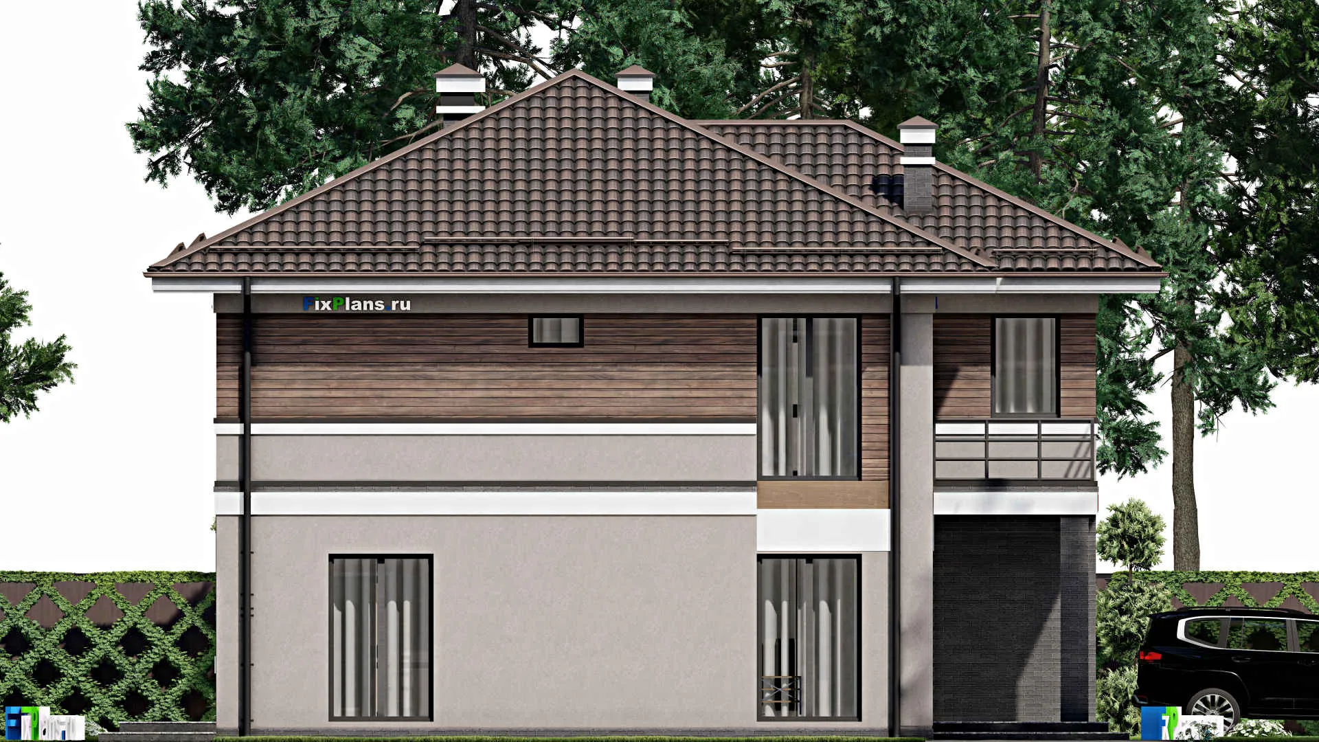 F-8594 - Проект двухэтажного дома 13 на 17, площадью 300 м² с террасой, балконом, гаражом на 2 машины и 4 спальнями