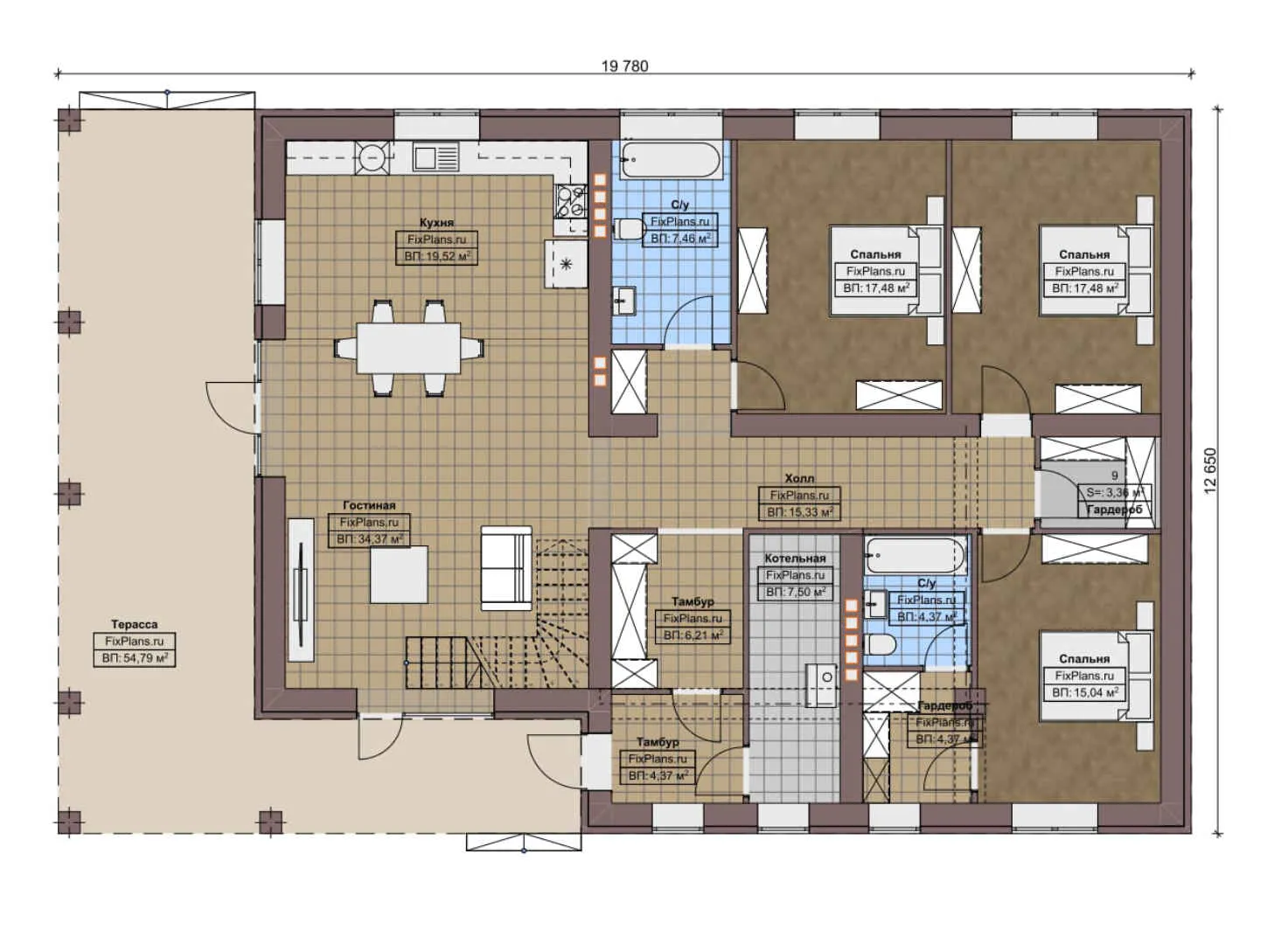 F-5741 - План одноэтажного дома 13 на 20, площадью 220 м² с террасой и 3 спальнями