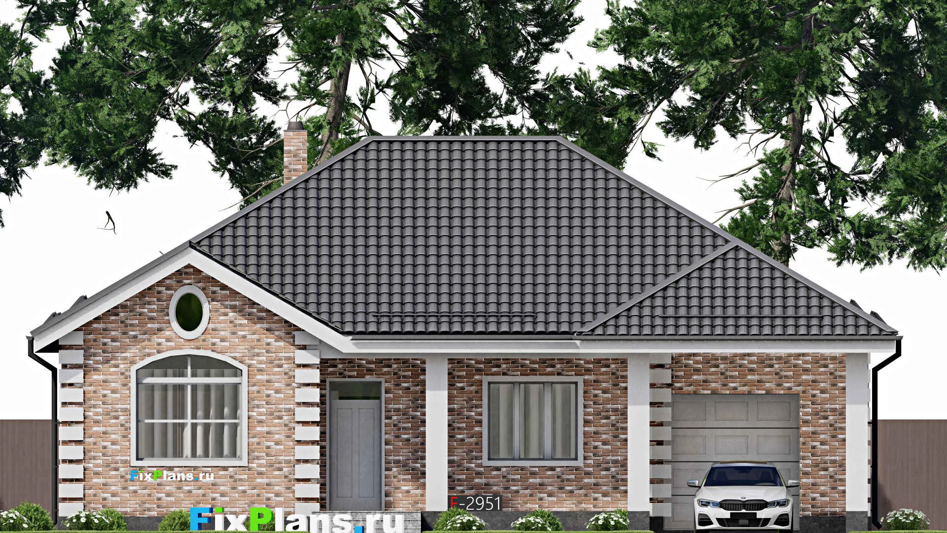 F-2951 - План одноэтажного дома 15 на 15, площадью 150 м² с террасой, гаражом на 1 машину и 3 спальнями