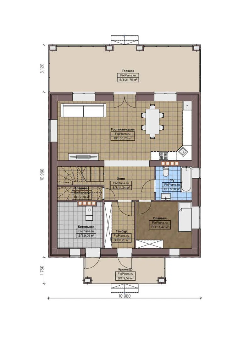 F-4202 - Планы двухэтажного дома 11 на 11, площадью 200 м² с террасой и 5 спальнями