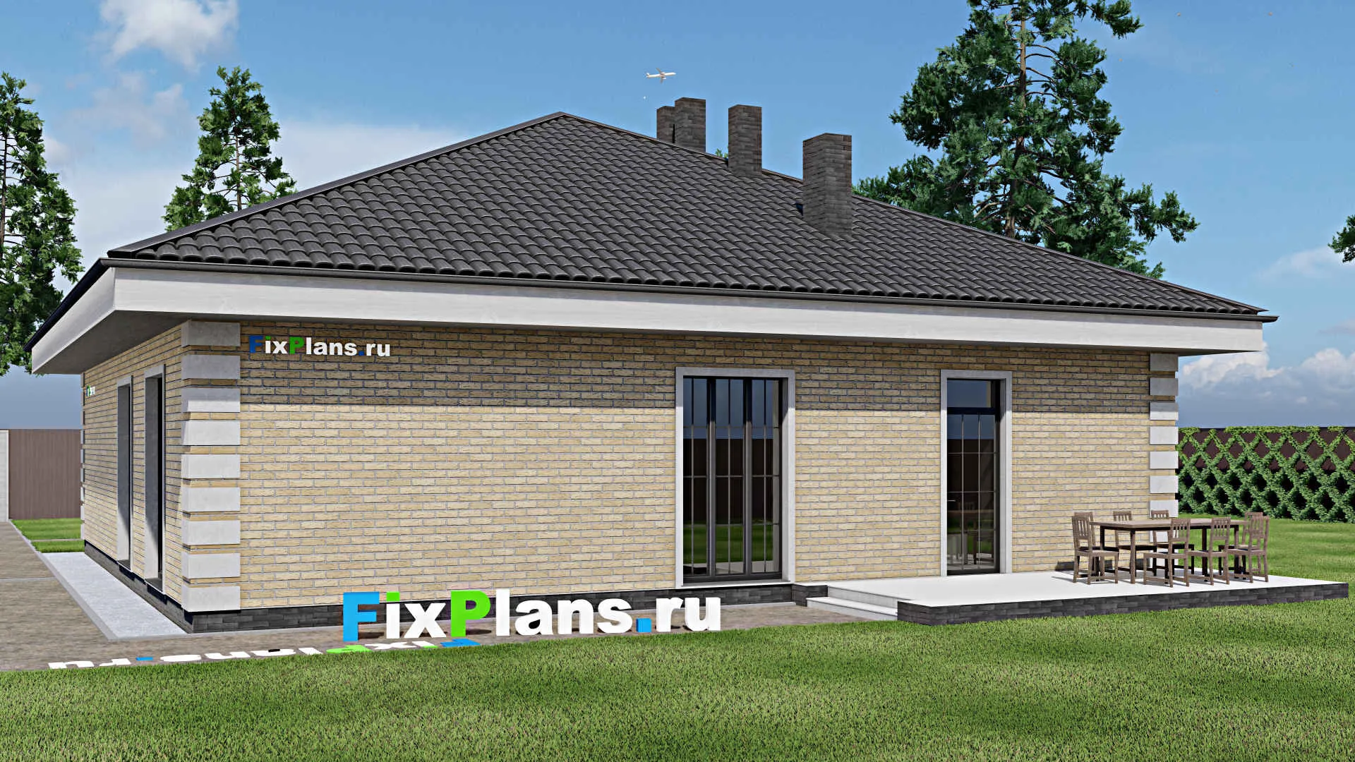 F-0953 - План одноэтажного дома 14 на 14, площадью 190 м² с террасой и 4 спальнями