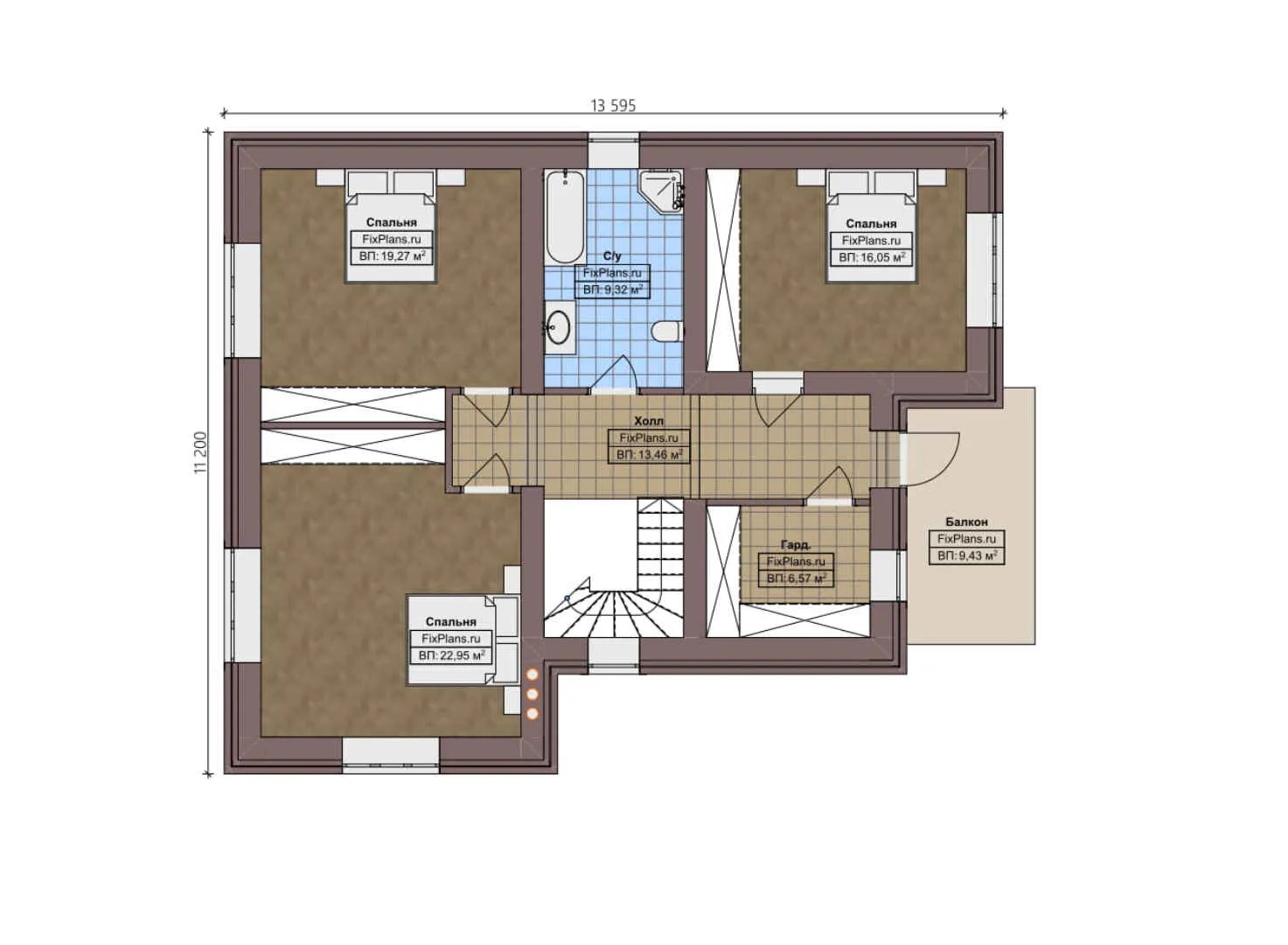 F-2114 - Планы двухэтажного дома 14 на 16, площадью 240 м² с балконом, гаражом на 1 машину и 4 спальнями