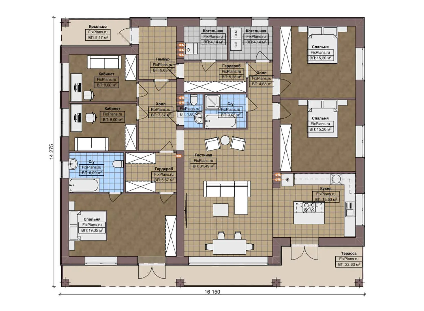 F-7019 - План одноэтажного дома 15 на 17, площадью 200 м² с террасой и 3 спальнями