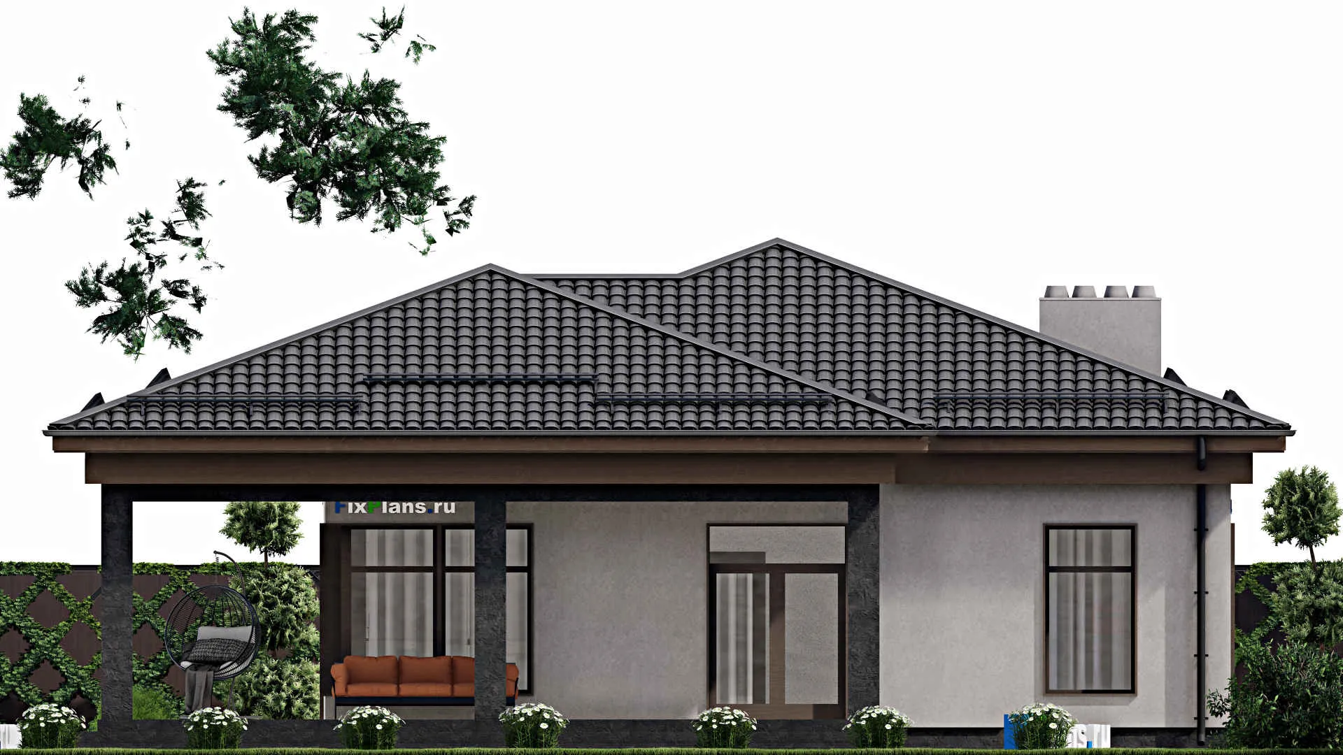 F-2249 - Проект одноэтажного дома 12 на 17, площадью 210 м² с террасой и 3 спальнями