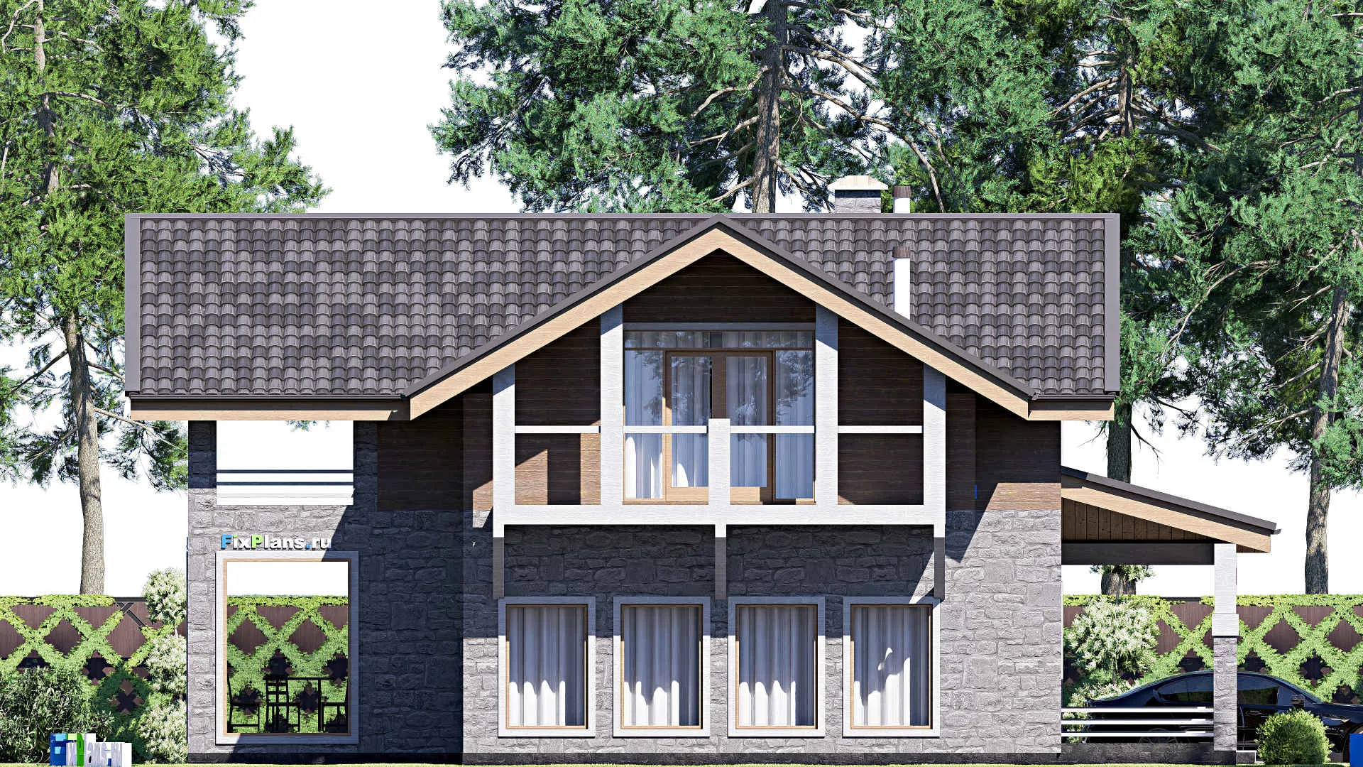 F-20078 - Планы дома с мансардой 15 на 15, площадью 260 м² с террасой, балконом и 3 спальнями