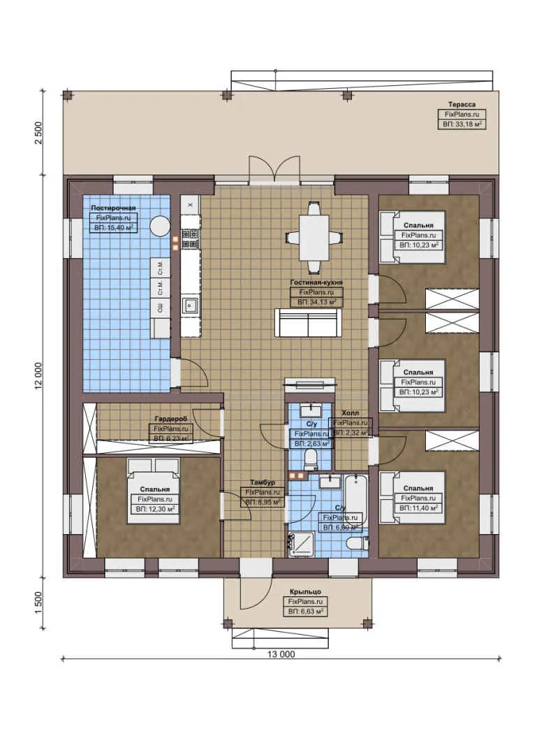 F-4256 - План одноэтажного дома 12 на 13, площадью 160 м² с террасой и 4 спальнями