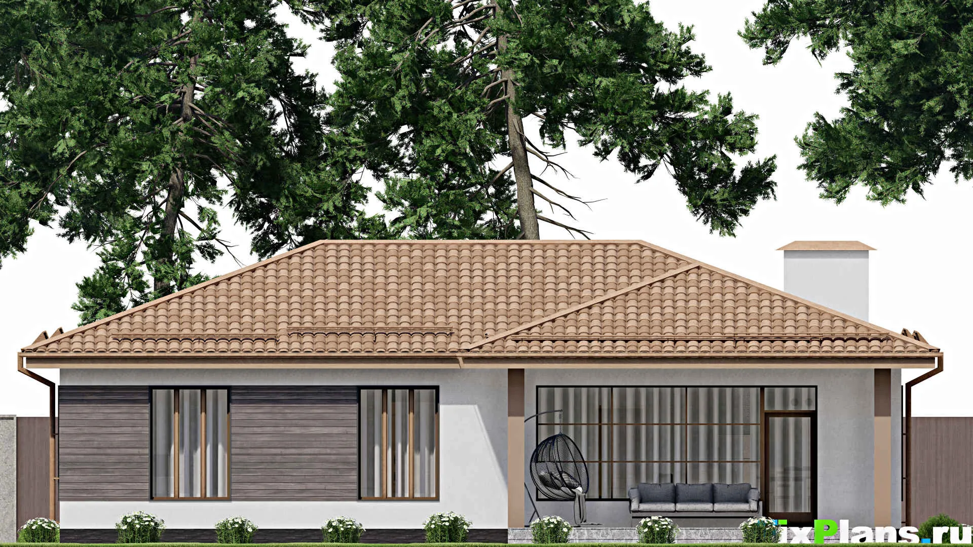 F-10790 - Проект одноэтажного дома 14 на 16, площадью 130 м² с террасой и 3 спальнями