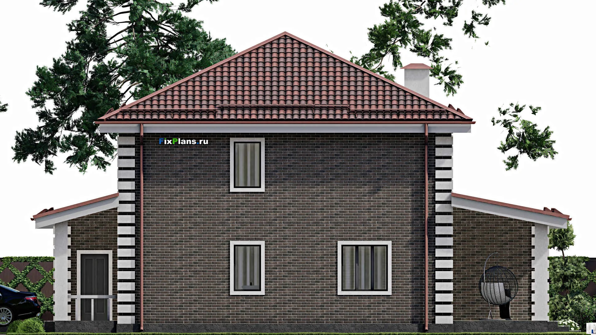 F-6803 - Проект двухэтажного дома 15 на 16, площадью 250 м² с террасой, гаражом на 1 машину и 4 спальнями