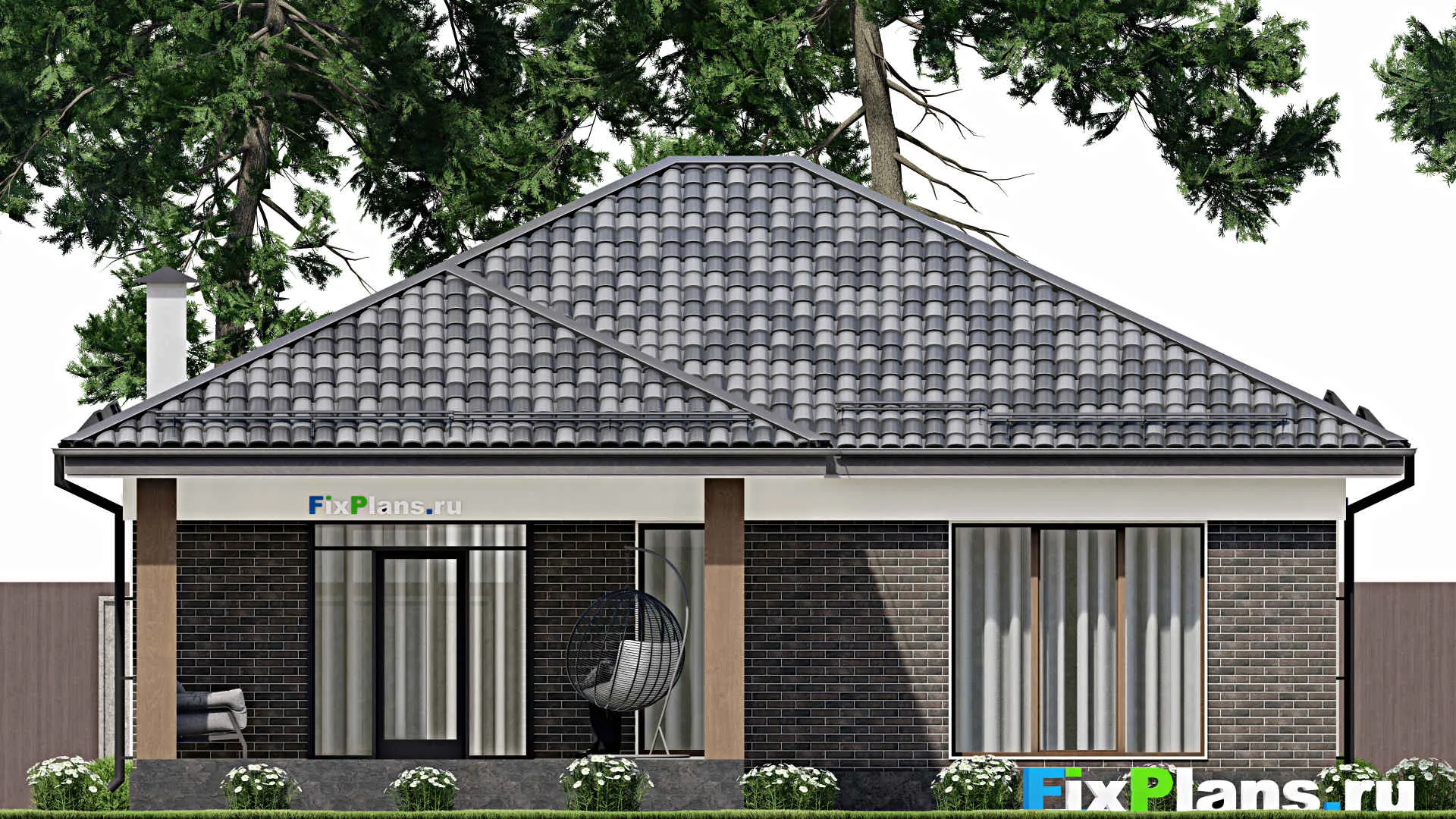 F-6965 - Проект одноэтажного дома 11 на 13, площадью 130 м² с террасой и 2 спальнями