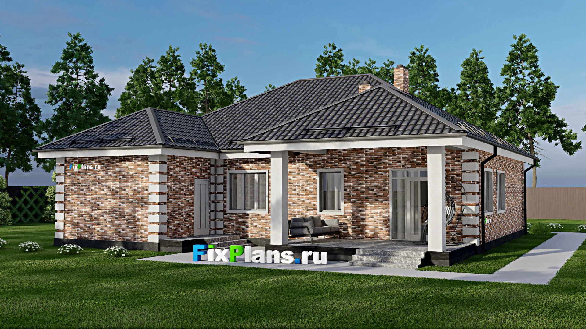 F-2951 - План одноэтажного дома 15 на 15, площадью 150 м² с террасой, гаражом на 1 машину и 3 спальнями