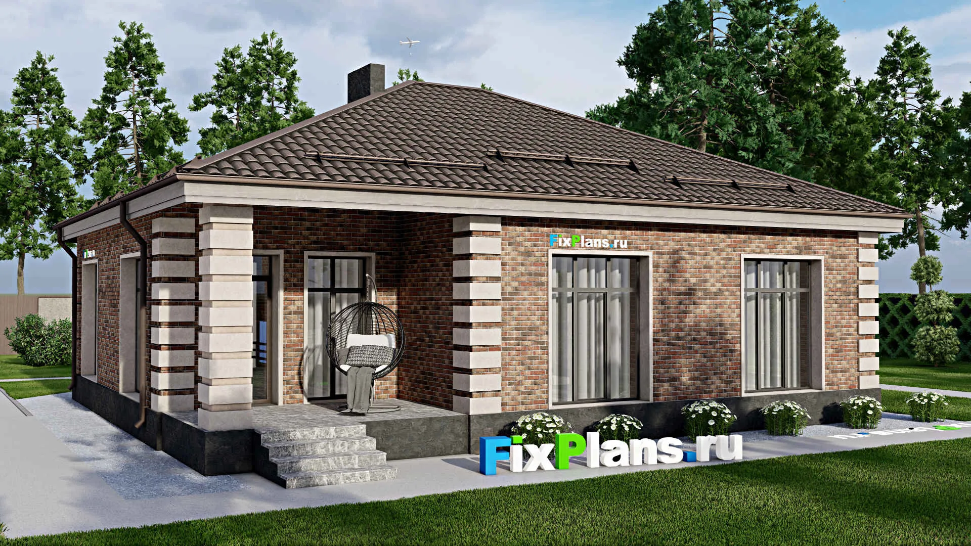 F-2078 - Проект одноэтажного дома 13 на 13, площадью 130 м² с террасой и 3 спальнями