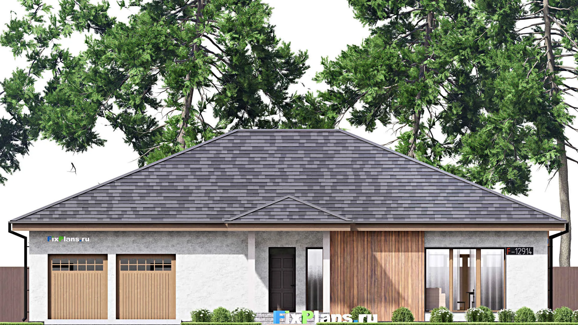 F-12914 - Проект одноэтажного дома 17 на 20, площадью 360 м² с террасой, цокольным этажом, баней, гаражом на 1 машину и 2 спальнями