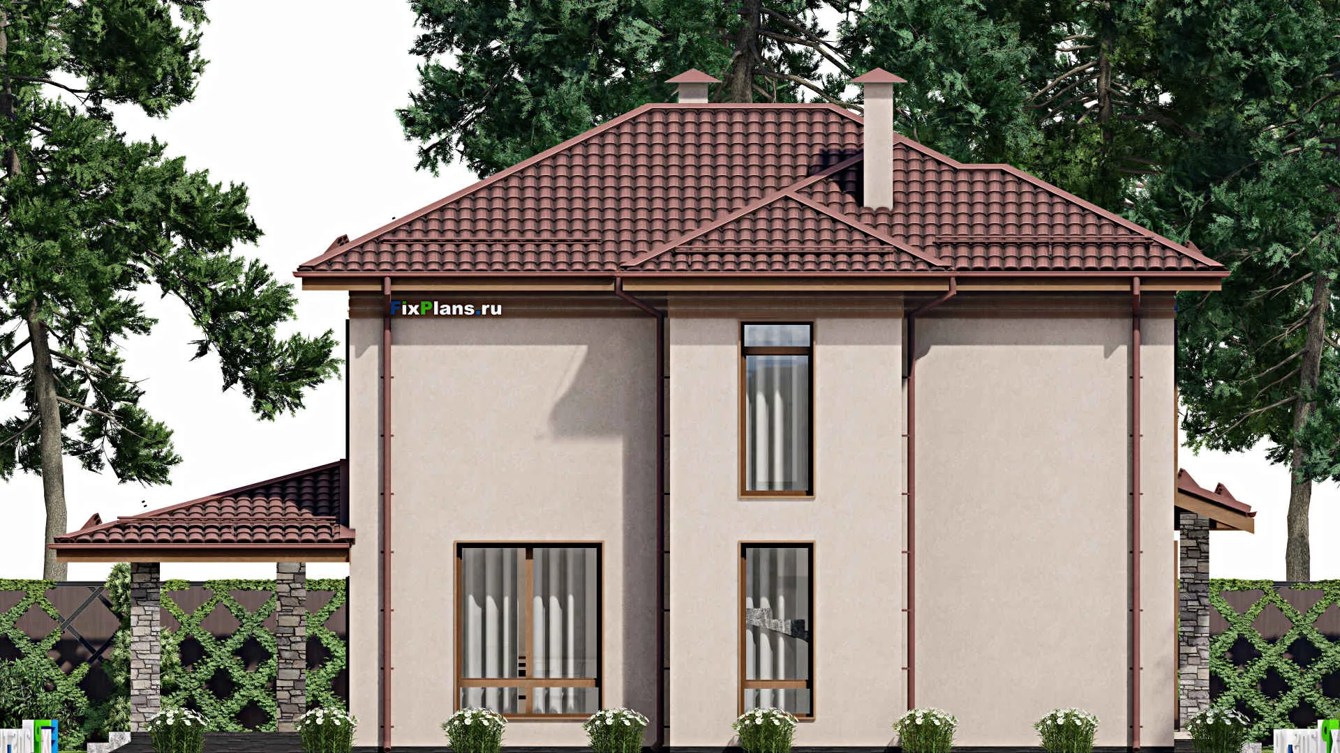 F-2222 - Планы двухэтажного дома 12 на 15, площадью 200 м² с террасой, гаражом на 1 машину и 5 спальнями