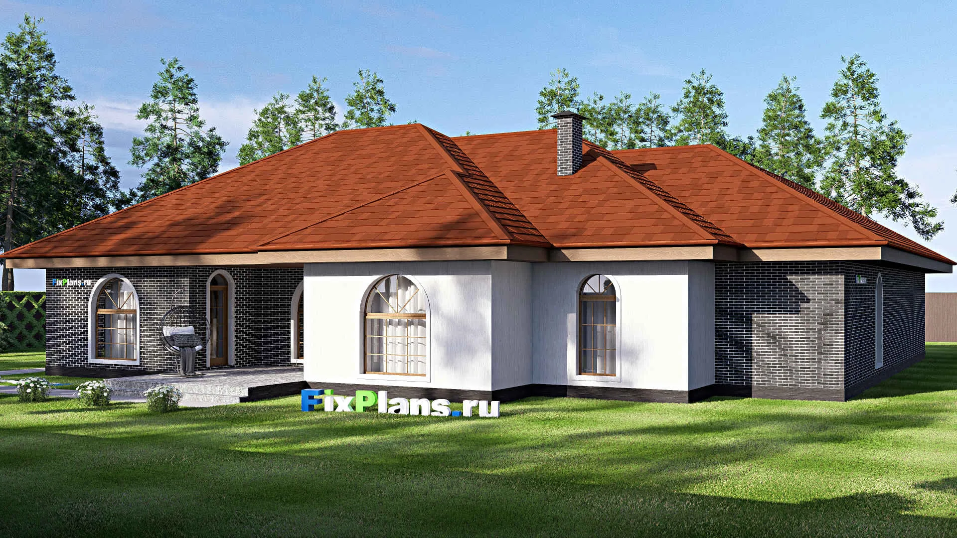 F-17306 - План одноэтажного дома 22 на 24, площадью 270 м² с террасой, гаражом на 2 машины и 4 спальнями