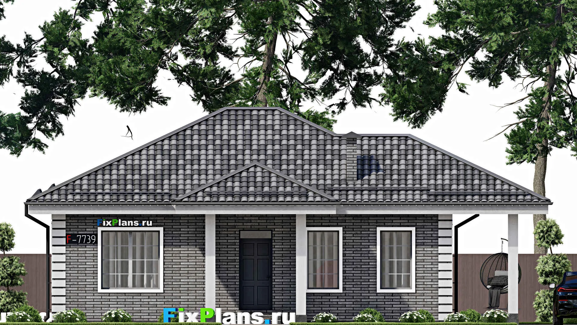 F-7739 - План одноэтажного дома 11 на 12, площадью 120 м² с террасой и 3 спальнями