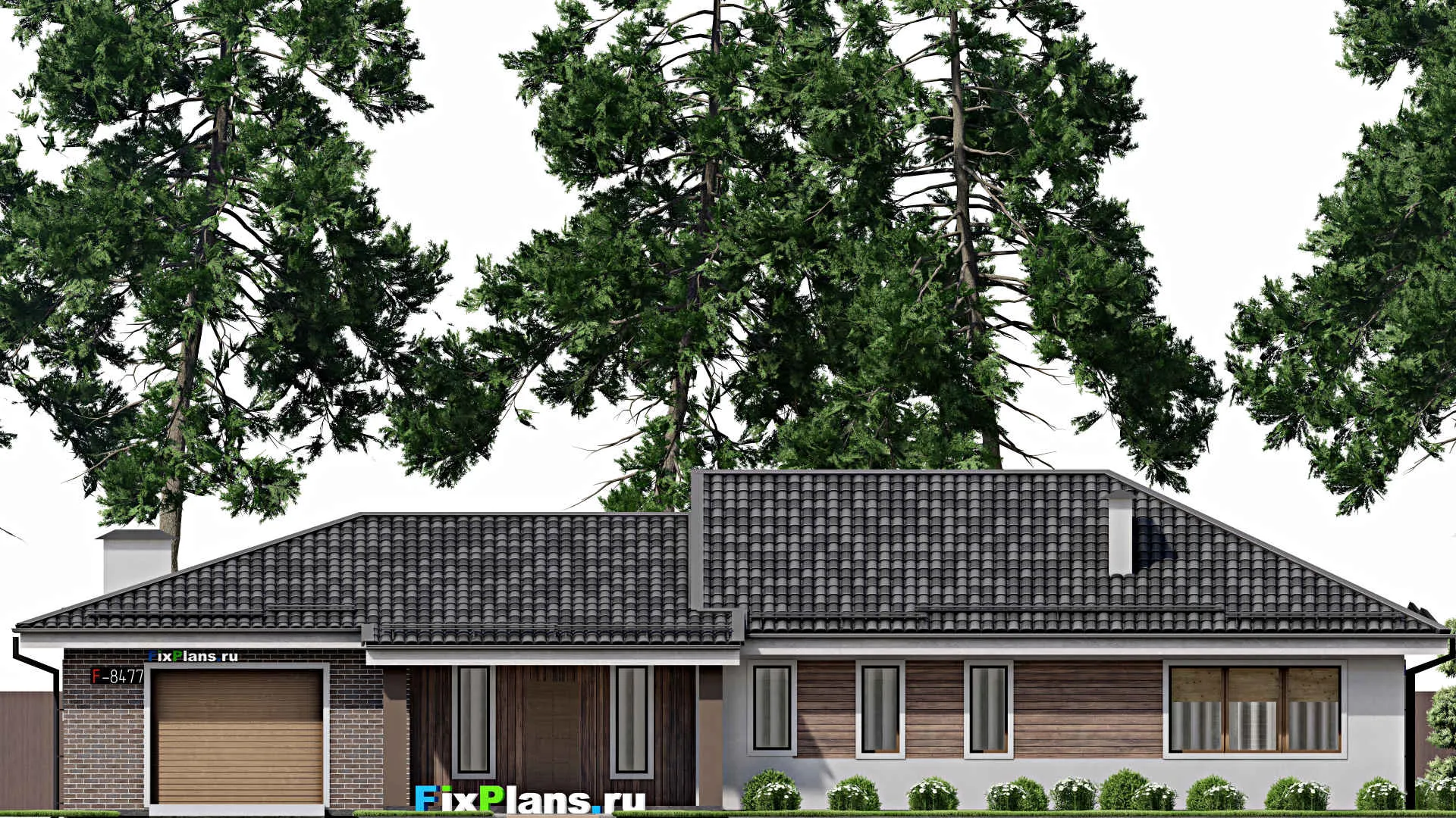 F-8477 - План одноэтажного дома 15 на 23, площадью 230 м² с террасой, гаражом на 2 машины и 3 спальнями