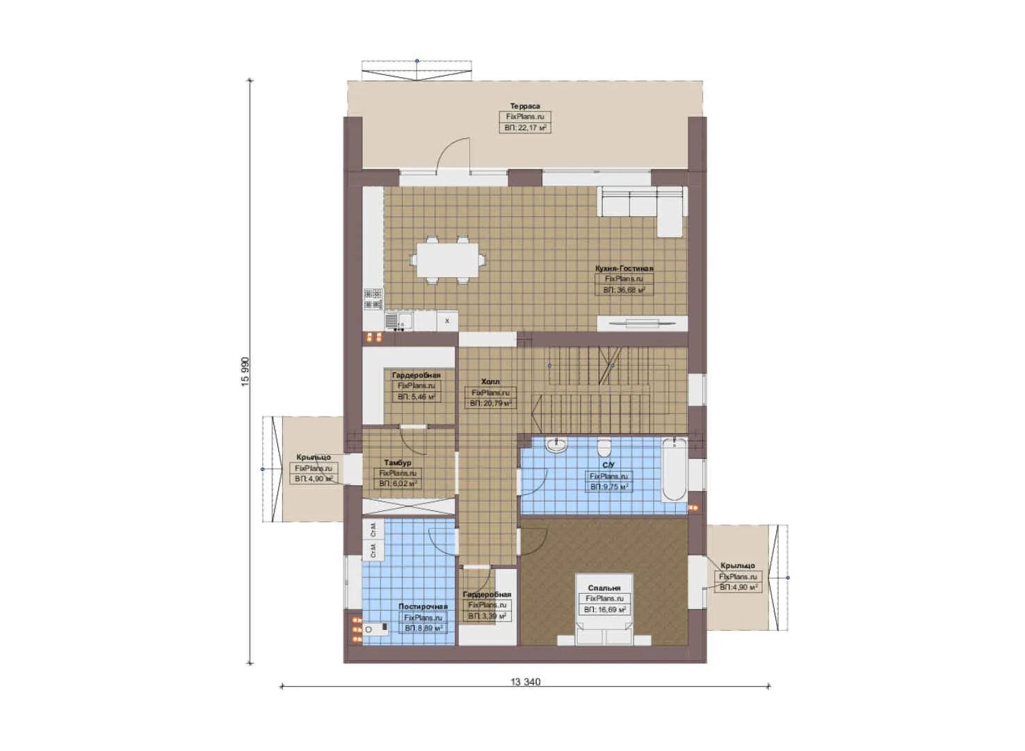 F-18989 - Планы дома с мансардой 14 на 16, площадью 200 м² с террасой и 3 спальнями