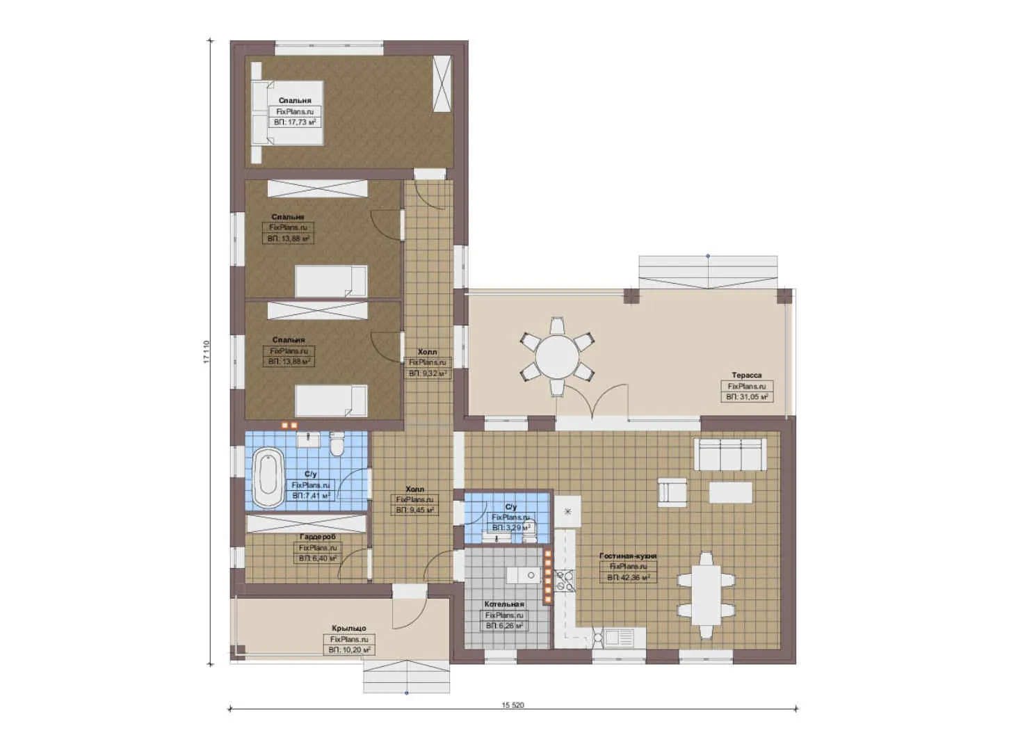 F-12392 - План одноэтажного дома 16 на 18, площадью 180 м² с террасой и 3 спальнями