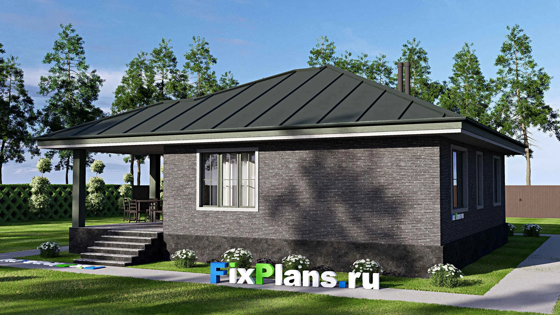 F-20771 - План одноэтажного дома 13 на 15, площадью 120 м² с террасой и 3 спальнями