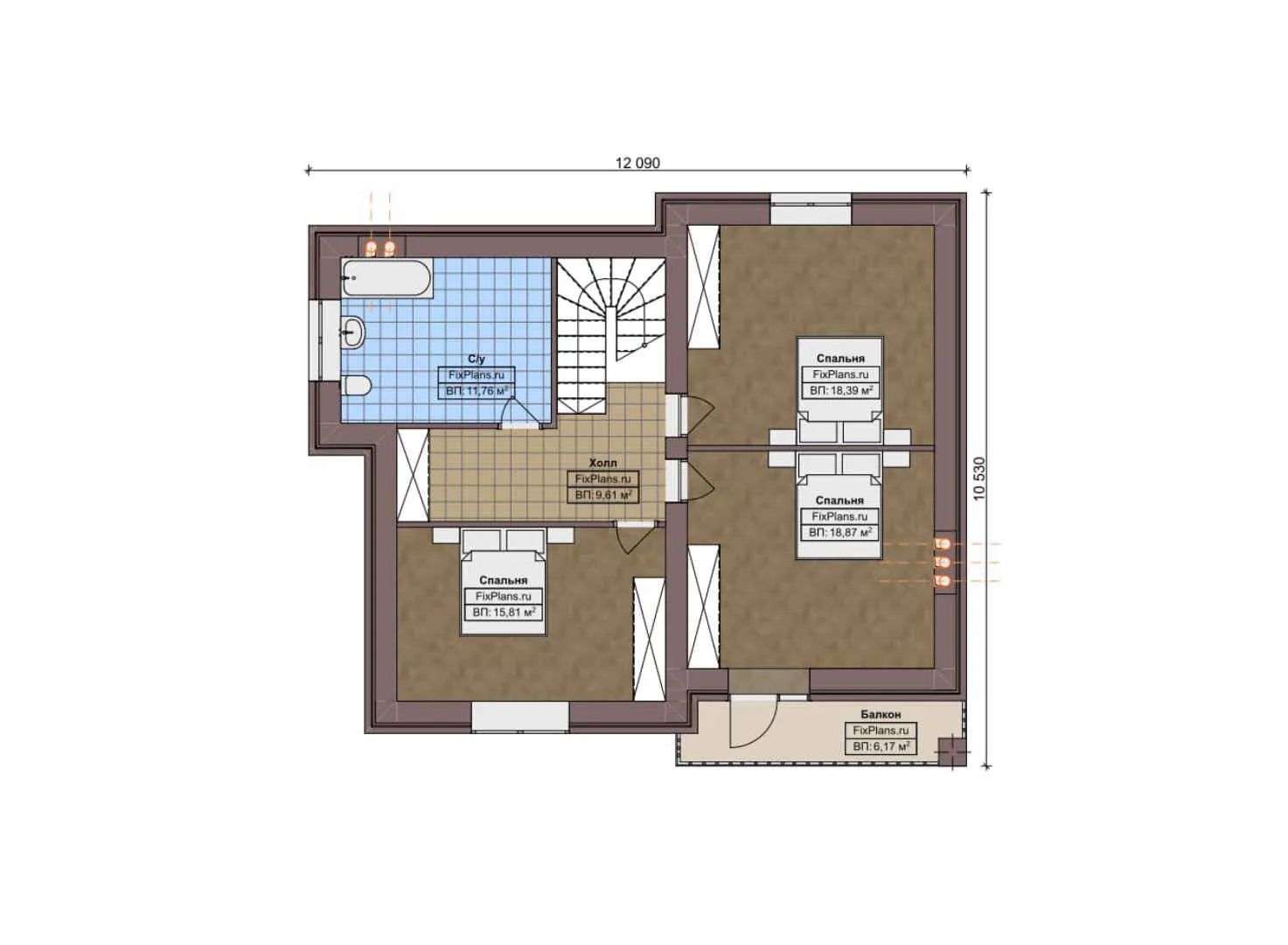 F-6173 - Планы дома с мансардой 10 на 13, площадью 200 м² с террасой, балконом и 4 спальнями