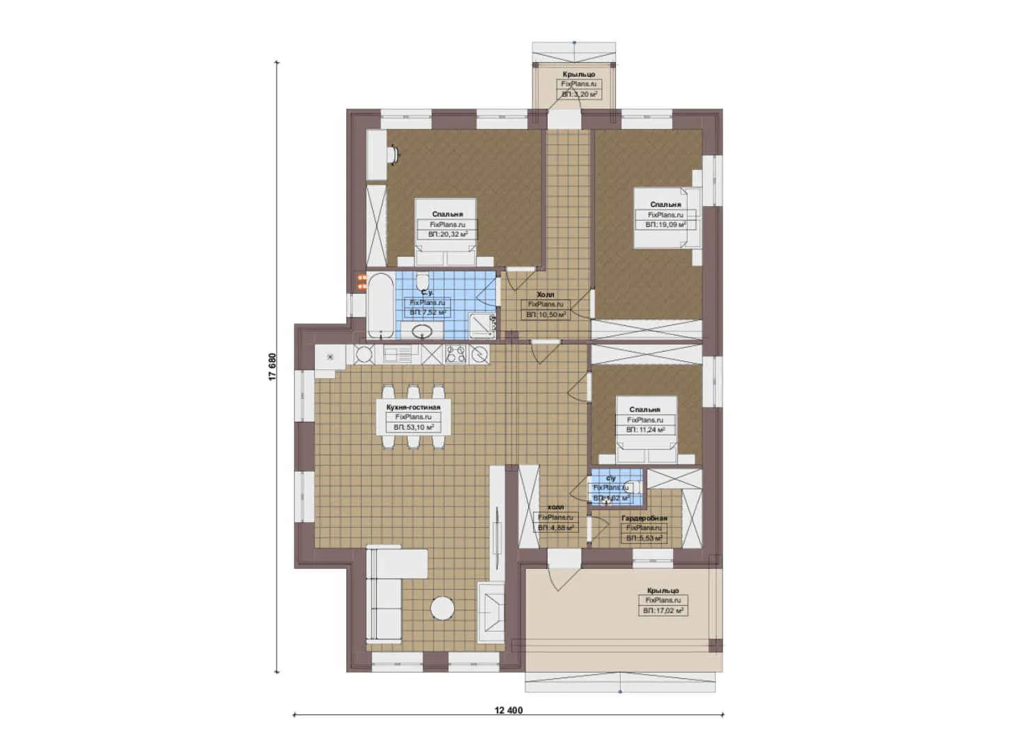 F-20843 - План одноэтажного дома 13 на 18, площадью 160 м² с 3 спальнями