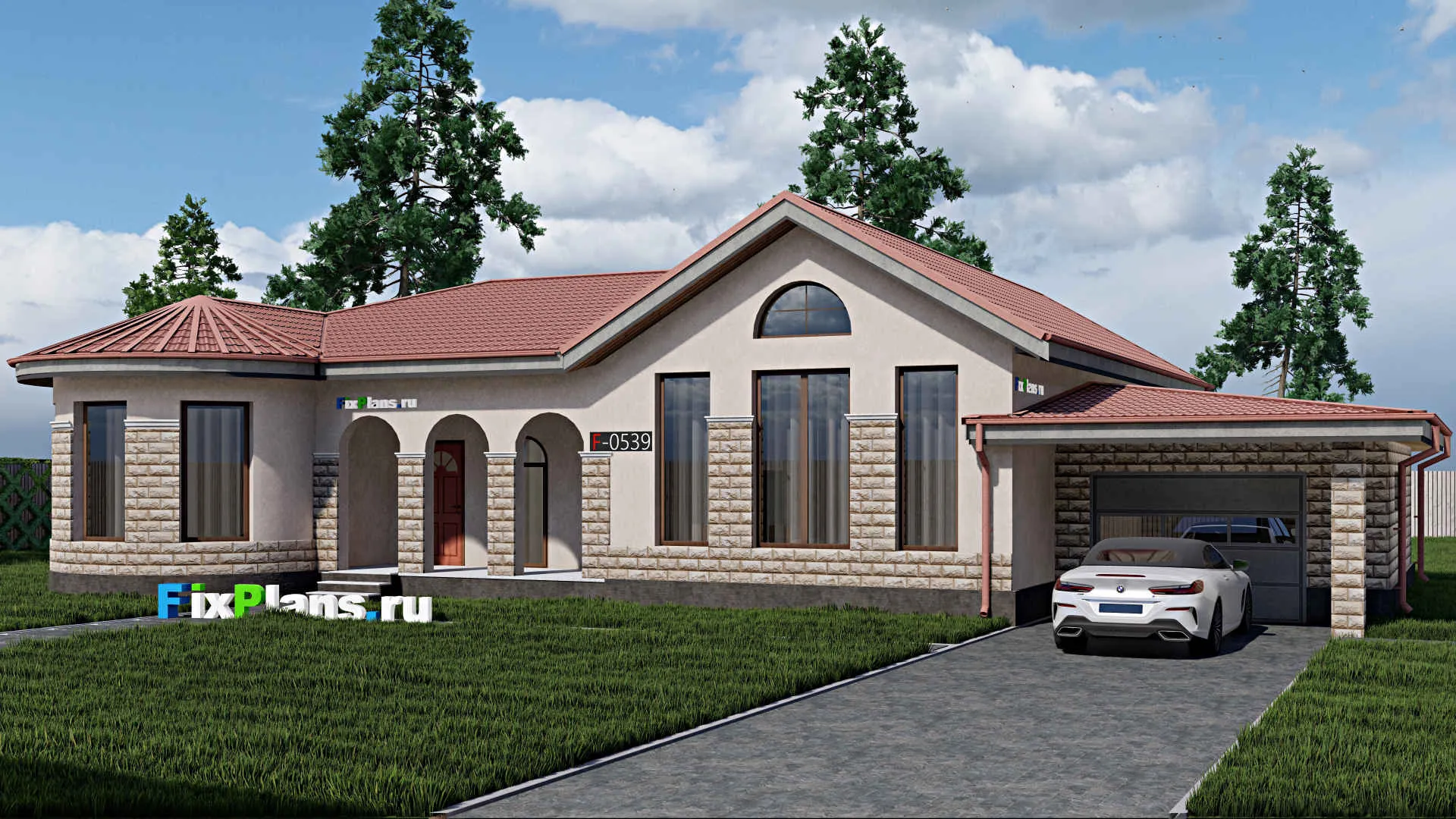 F-0539 - Проект одноэтажного дома 14 на 21, площадью 200 м² с террасой, гаражом на 1 машину и 3 спальнями