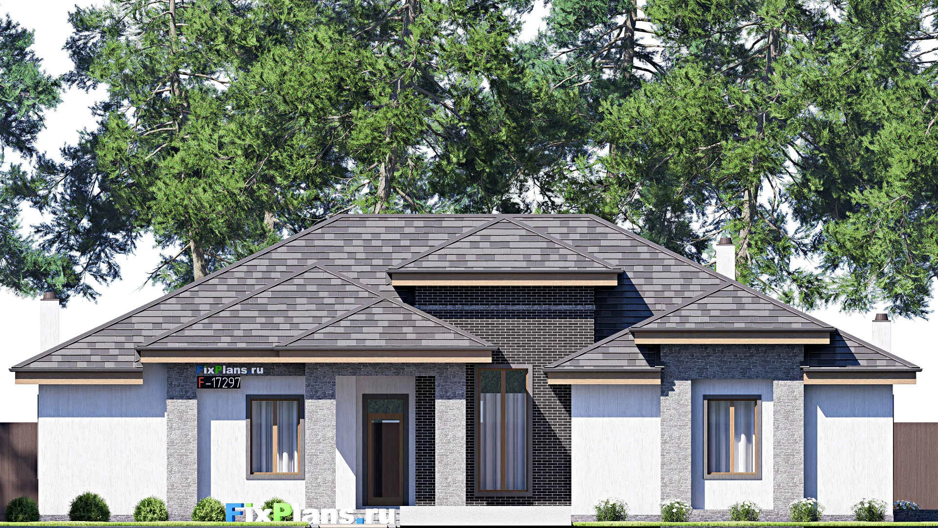 F-17297 - Проект одноэтажного дома 20 на 24, площадью 300 м² с террасой, гаражом на 2 машины и 4 спальнями