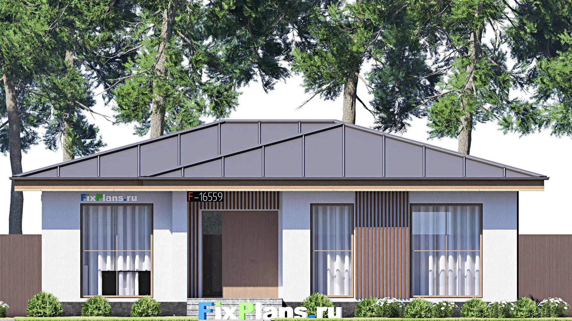 F-16559 - Проект одноэтажного дома 11 на 13, площадью 120 м² с террасой и 3 спальнями