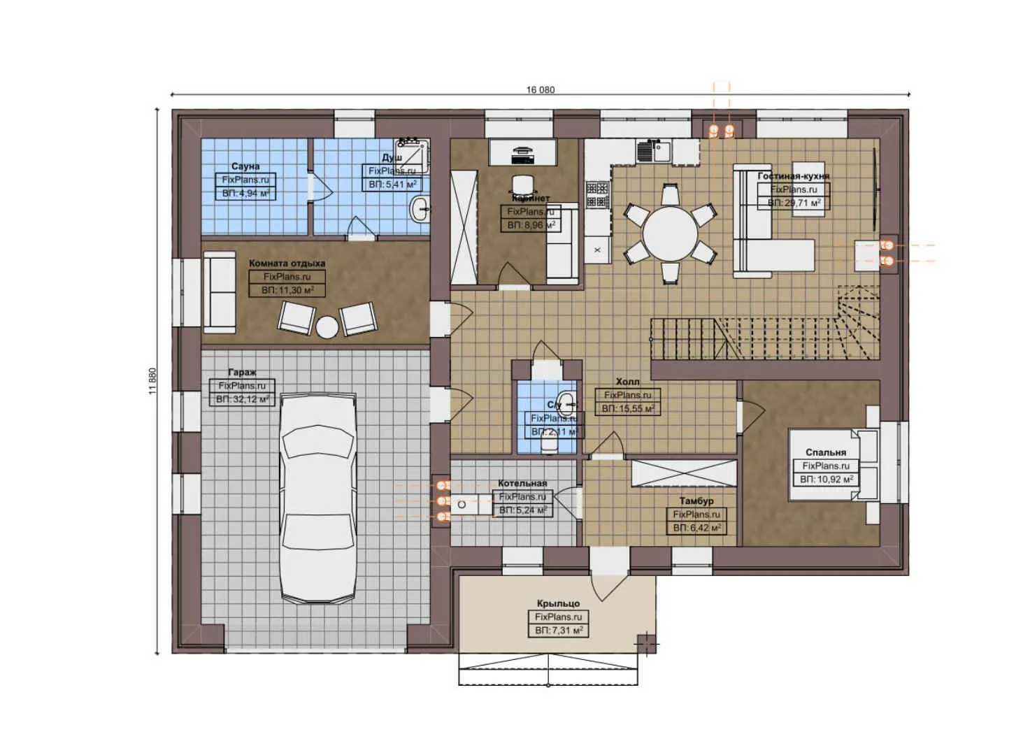 F-7784 - Планы двухэтажного дома 12 на 17, площадью 280 м² с балконом, баней, гаражом на 1 машину и 4 спальнями