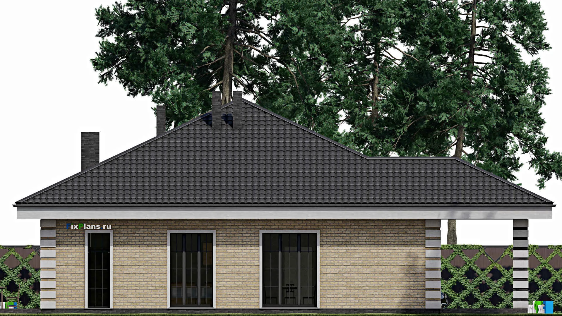 F-0953 - План одноэтажного дома 14 на 14, площадью 190 м² с террасой и 4 спальнями