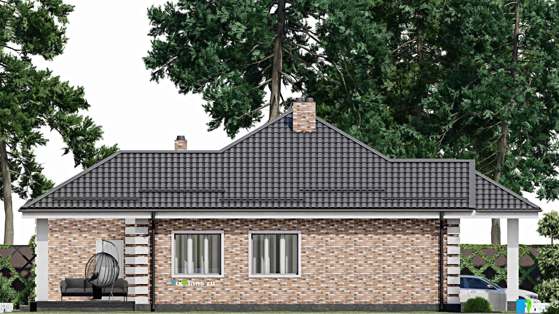 F-2951 - План одноэтажного дома 15 на 15, площадью 150 м² с террасой, гаражом на 1 машину и 3 спальнями